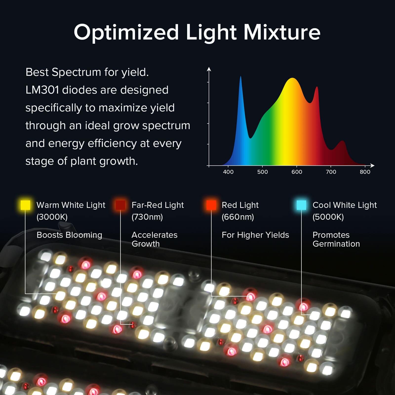 Dimmable 150W LED Grow Light with optimized light fixture.Best Spectrum for yield.LM301 diodes are designed specifically to maximize yield through an ideal grow spectrum and energy efficiency at every stage of plant growth.