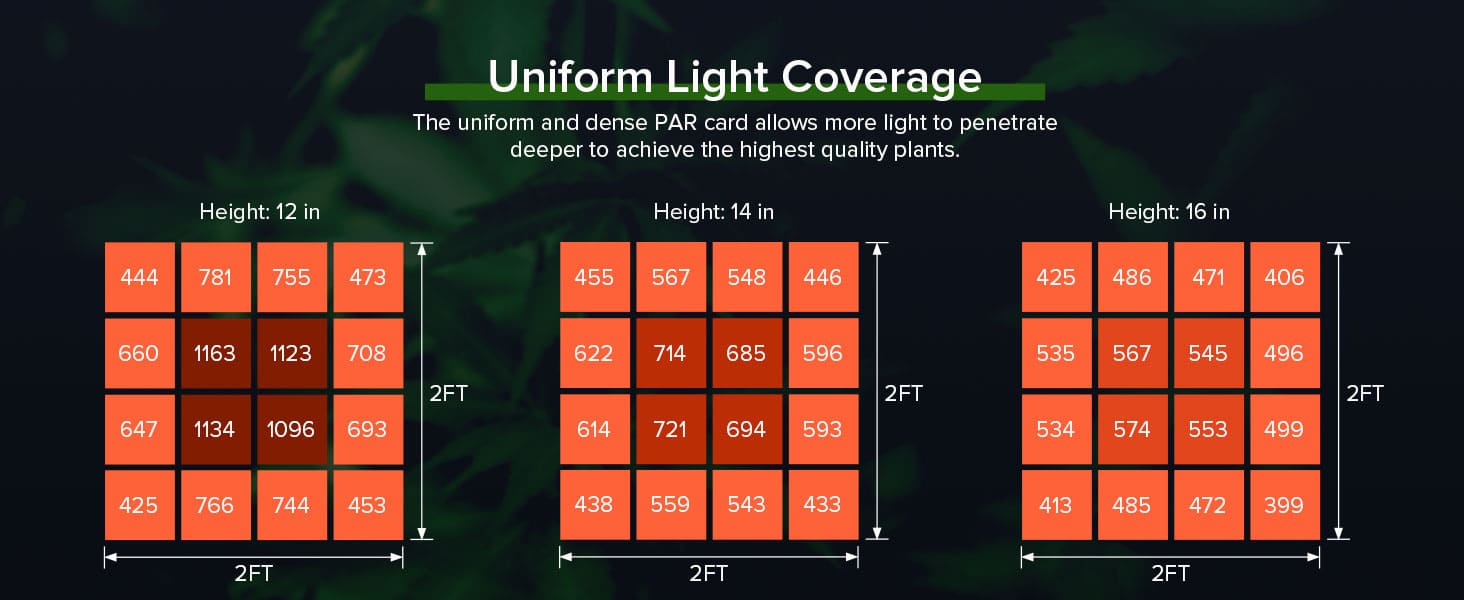 Dimmable 150W LED Grow Light (EU ONLY) with uniform light coverage, the uniform and dense PAR card allows more light to penetrate deeper to achieve the highest quality plants.