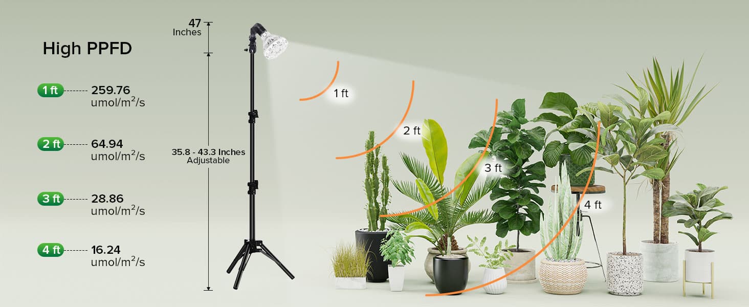 BR30 30W Adjustable Tripod Stand Grow Light with Remote Control, Grow light with stand tripod has a height adjustment range of 35.8 to 43.3 inches, allowing precise lighting at your desired height, range, and angle