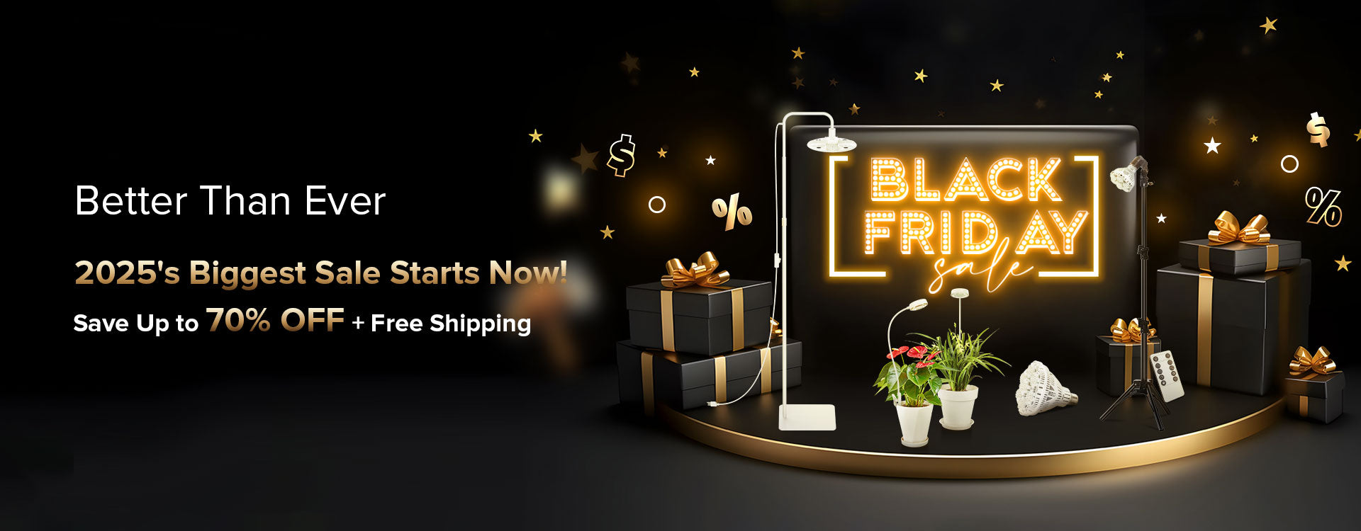 SANSI Black Friday sale banner with decorative setup and promotional text on a dark background.