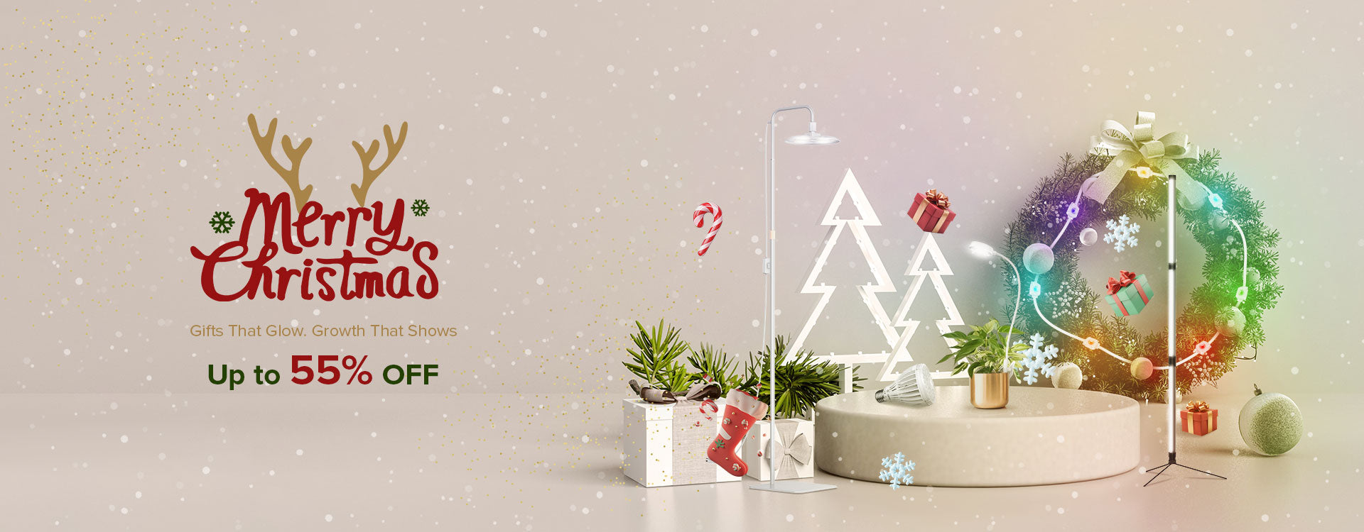 Christmas-themed promotional banner with decorative items and text on a light background