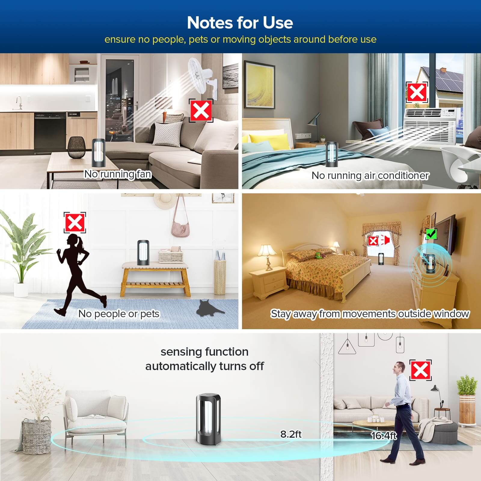 Notes for Use: ensure no people, pets or moving objects around before use.