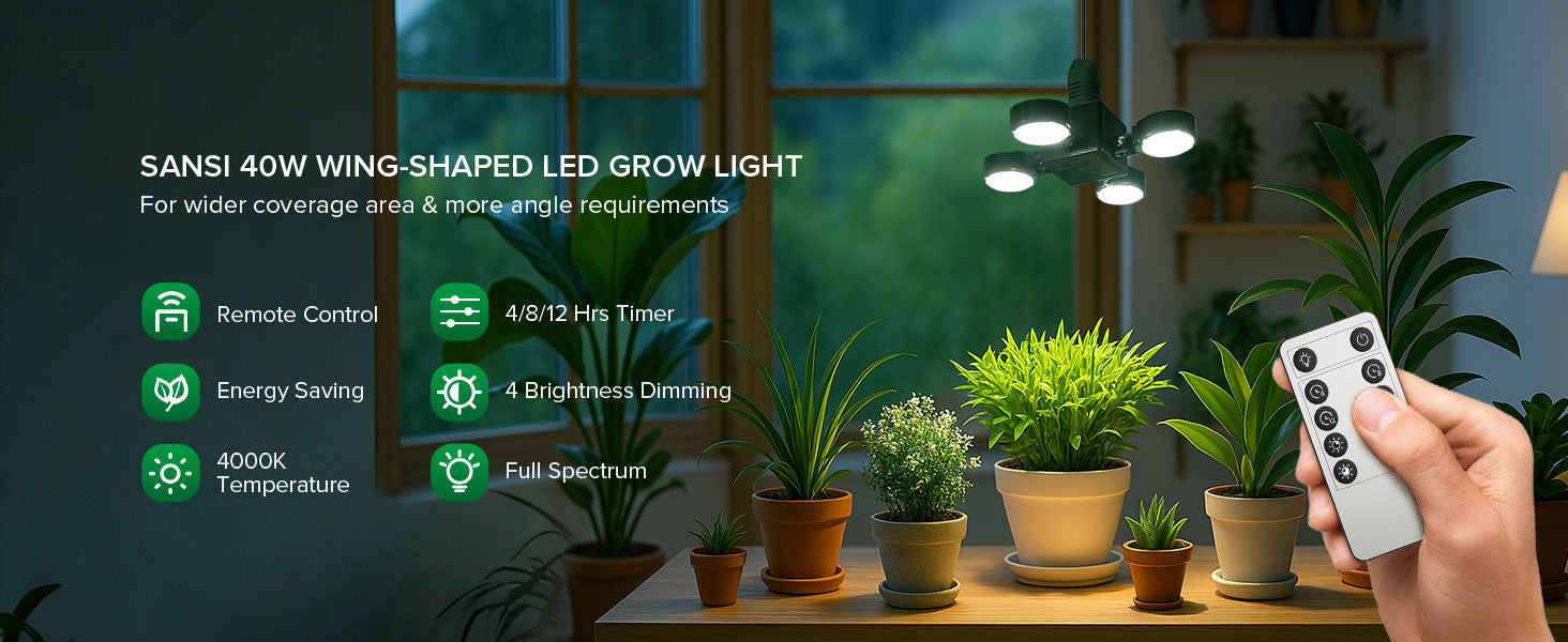 SANSI 40W Folding Wings LED grow light with remote control in a home setting with plants.
