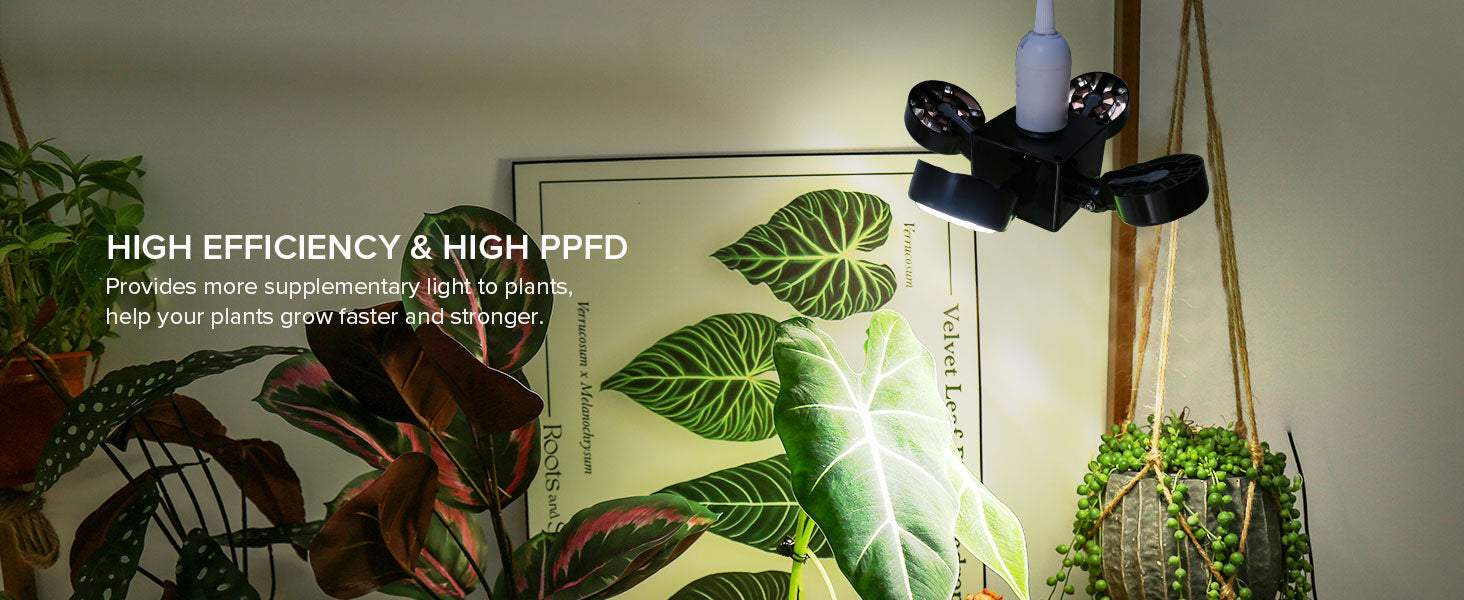 Plant growth light with text on efficiency and PPFD, placed among plants.