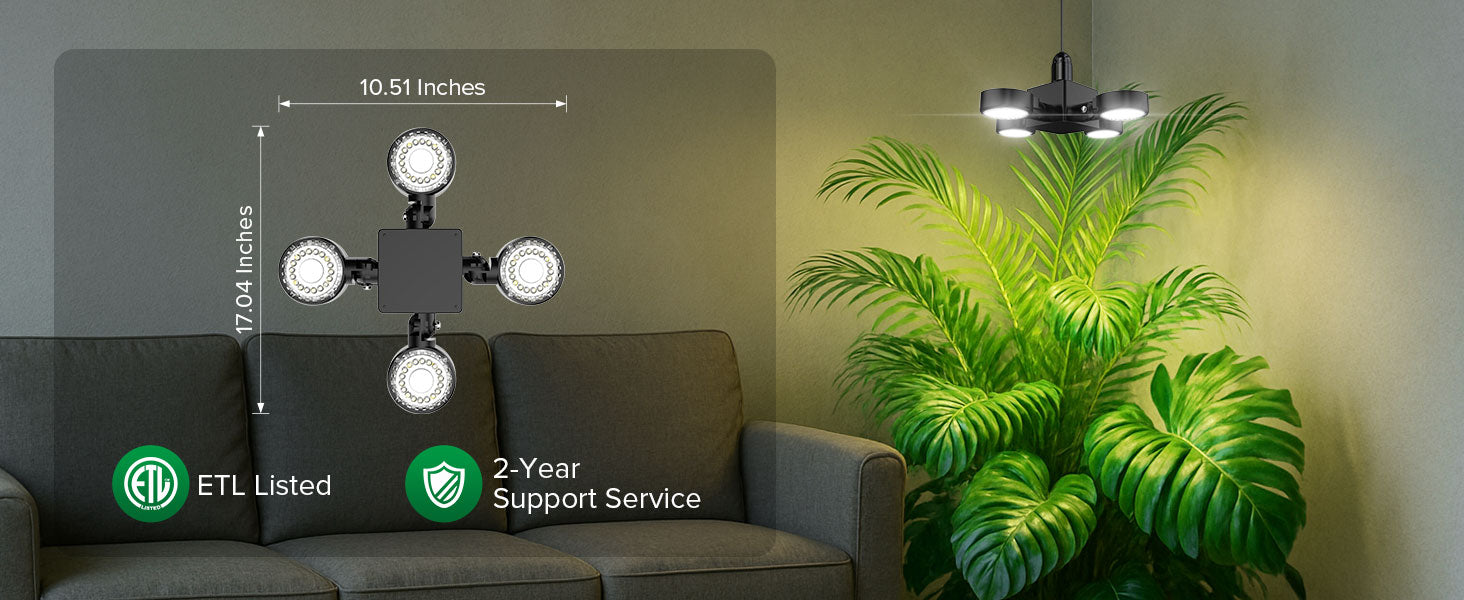 Modern indoor grow light fixture on a gray couch with a plant in the background, ETL Listed and 2-Year Support Service logos visible.