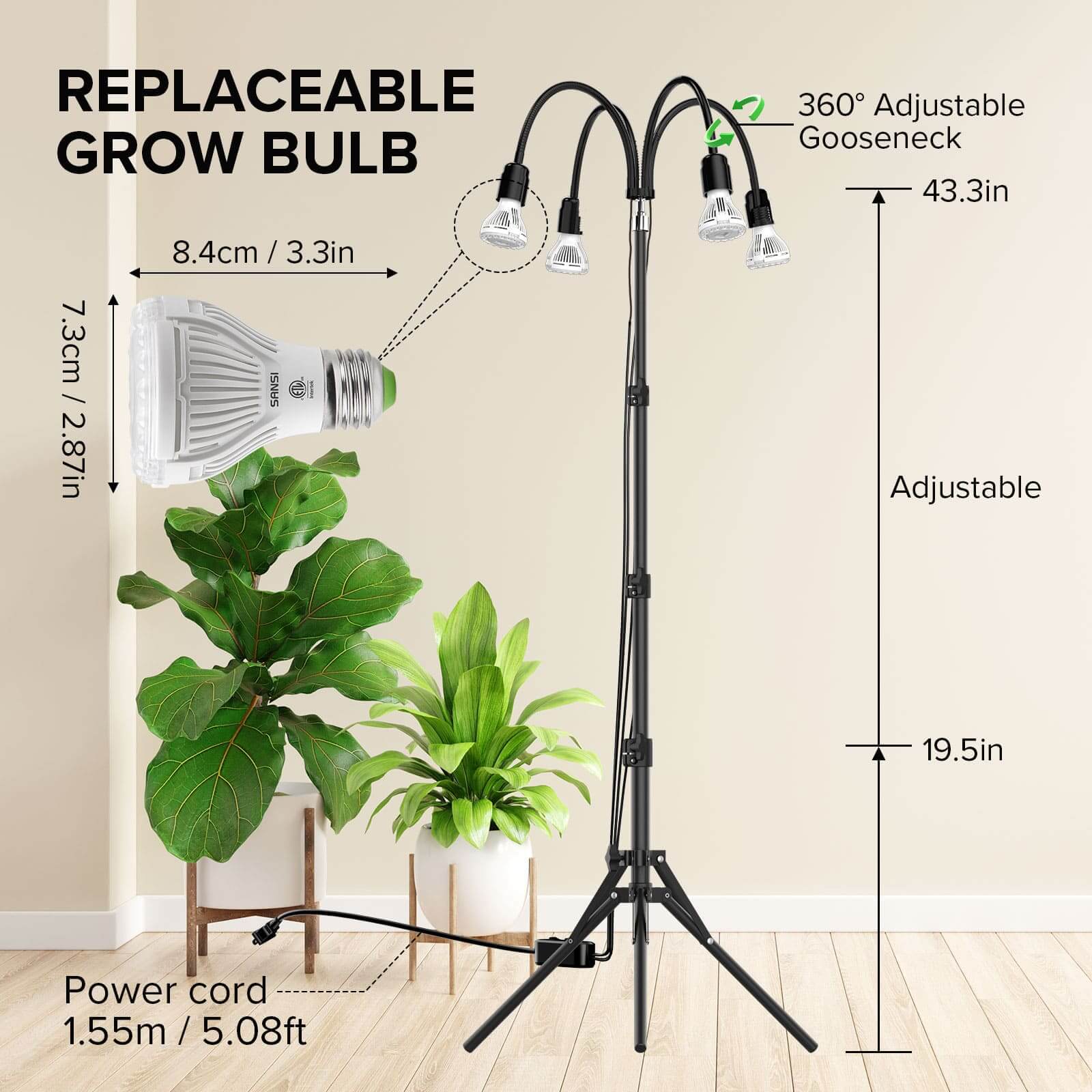 SANSI 40W Grow Light with Adjustable Tripod Stand, grow Bulb can be replaced.