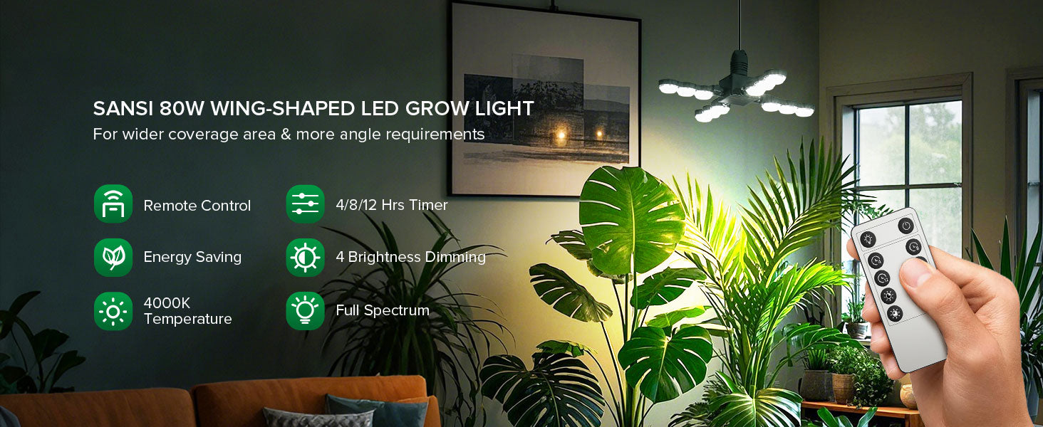 SANSI Wing-shaped LED grow light with remote control in a room with plants and a window.