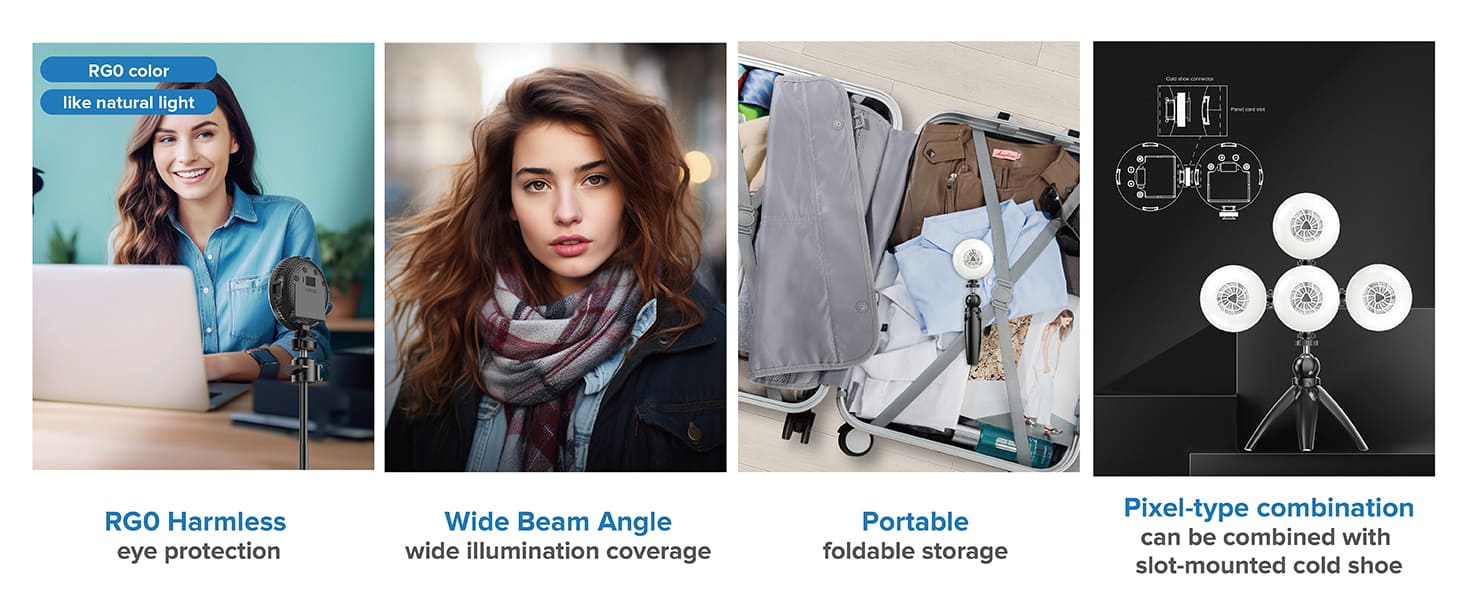 1. RG0 Harmless, eye protection. 2.Wide Beam Angle, wide illumination coverage. 3. foldable storage 4.Pixel-type combination, can be combined withslot-mounted cold shoe.