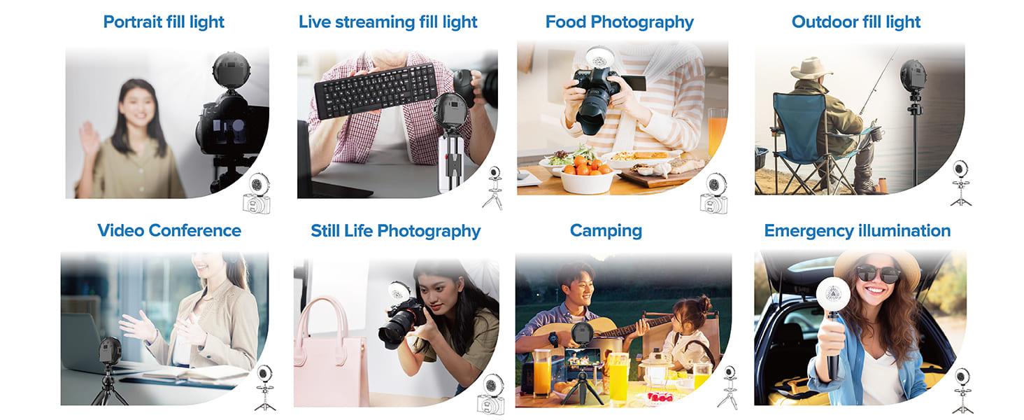 Wide Application: Portrait fill light, Live streaming fill light, Food Photography,Camping, Emergency illumination, Outdoor fill light.