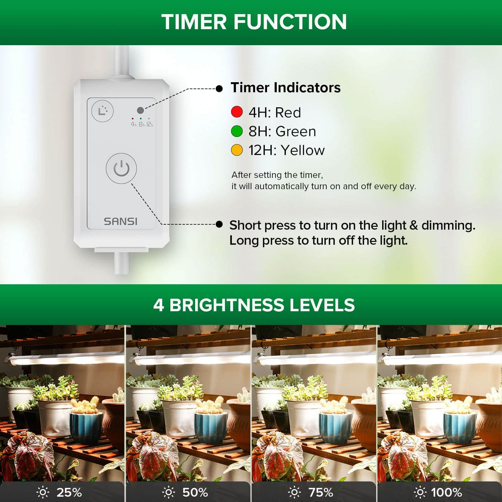 SANSI T8 25W LED Grow Light is equipped with timer function and 4 brightness levels.
