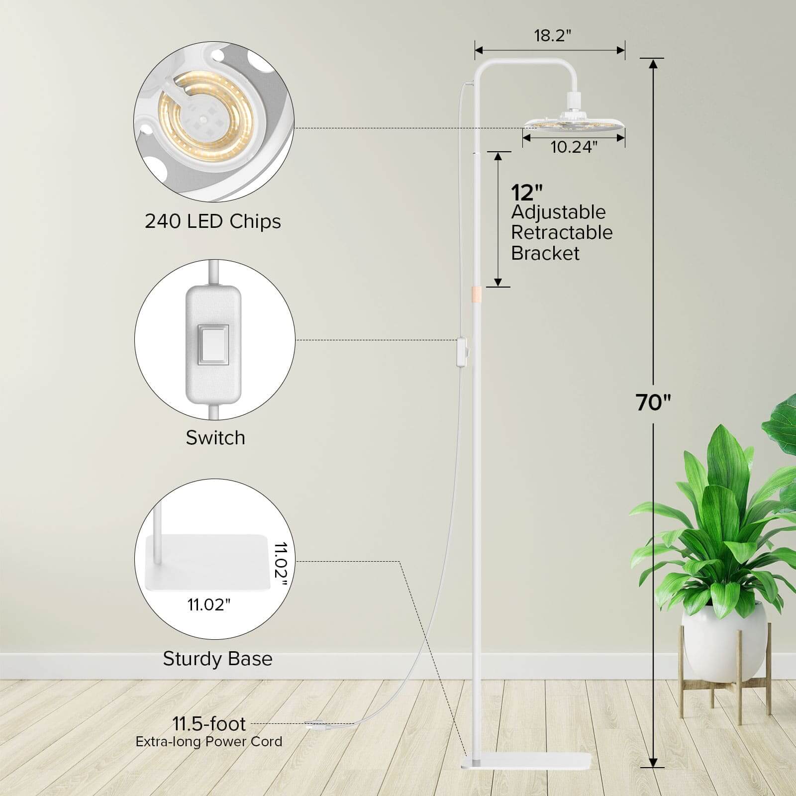 SANSI Tall Standing Grow Light with 12“ adjustable retractable bracket and 11.5 ft extra-long power cord.