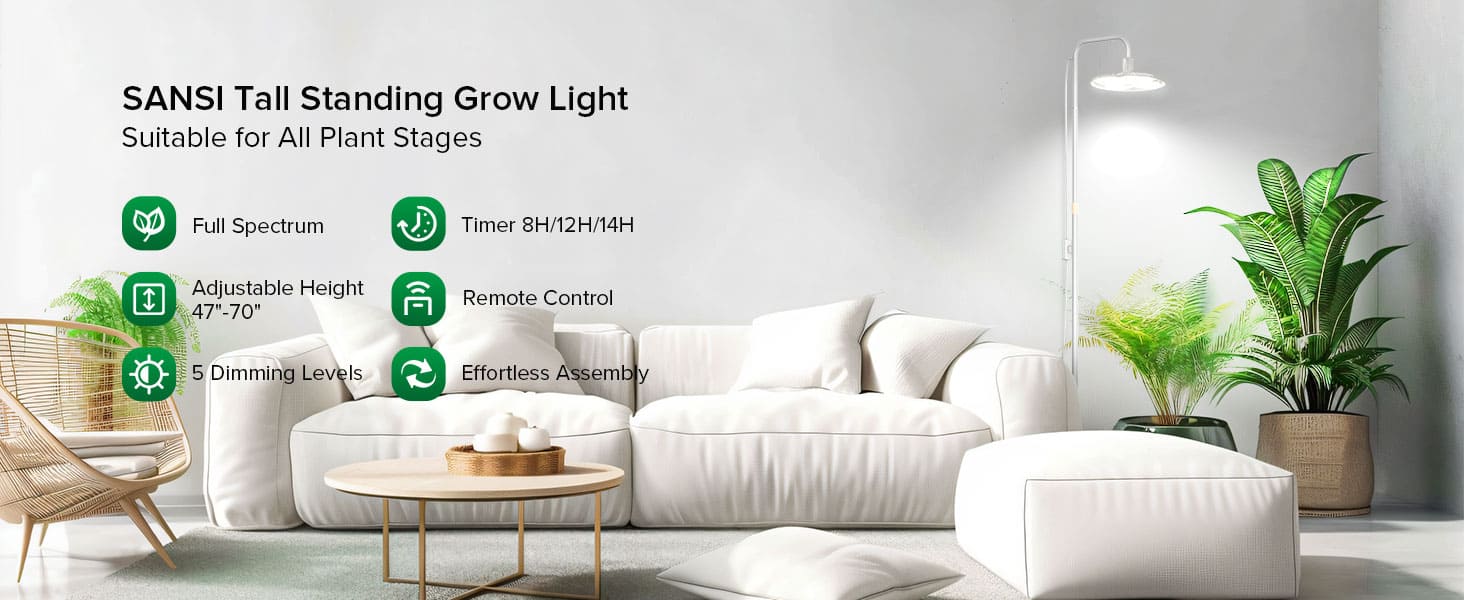 SANSI Tall Standing Grow Light With Remote Control (US ONLY), suitable for all plant stages.