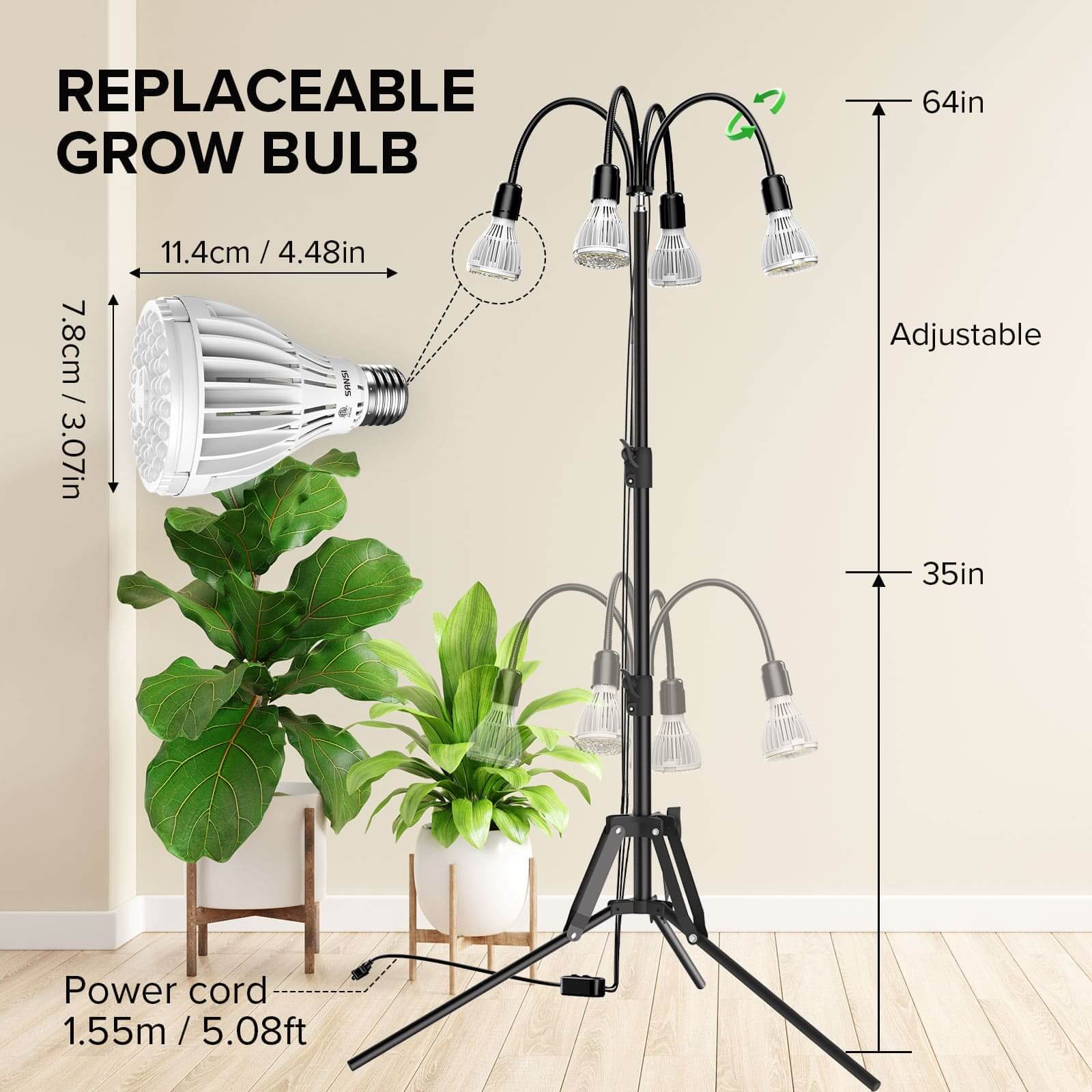 The 32W grow bulb is replaceable, power cord 5.08ft.