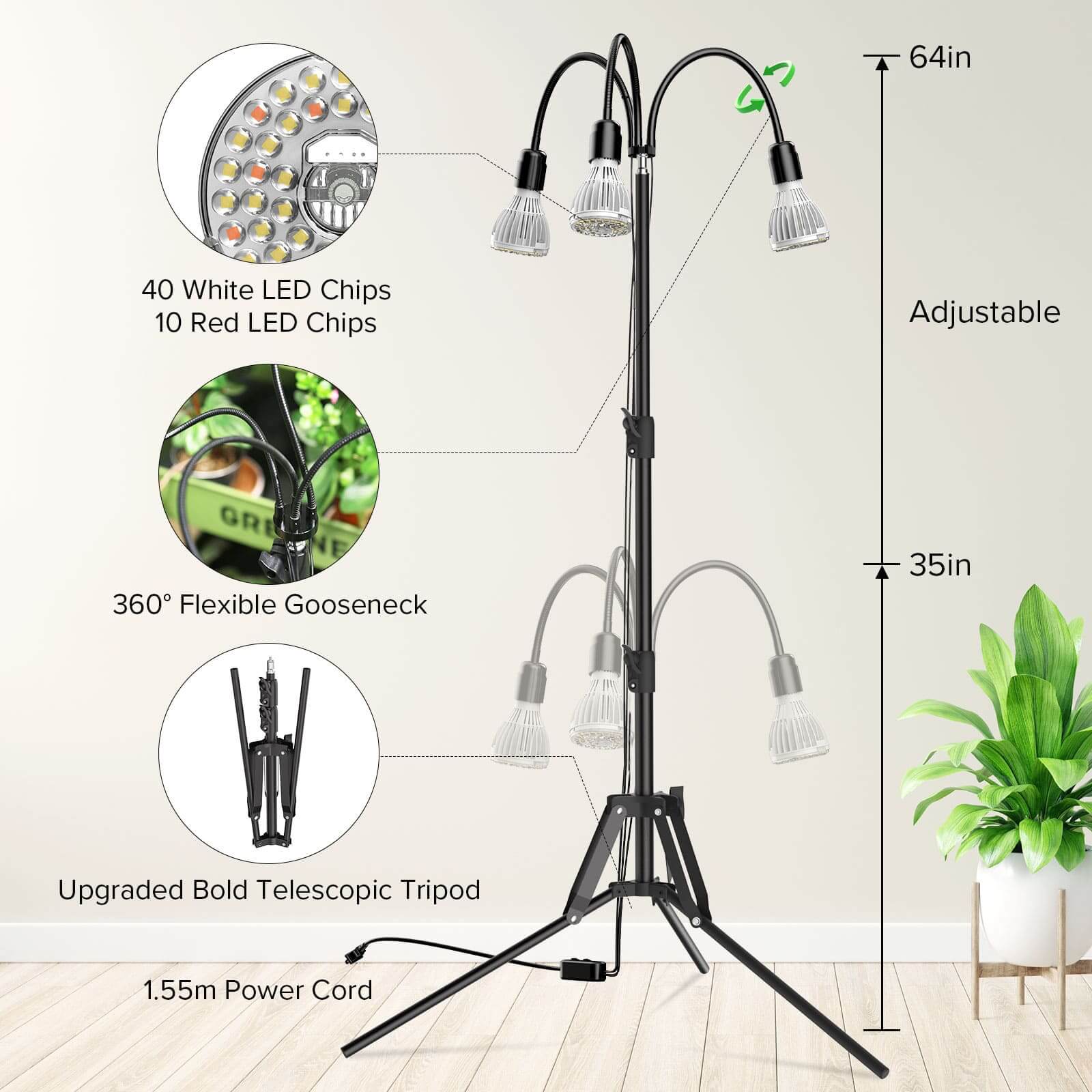 35-64 Inch Adjustable Height Floor Grow Light, equipped with 360° Flexible Gooseneck and Upgraded Bold Telescopic Tripod.