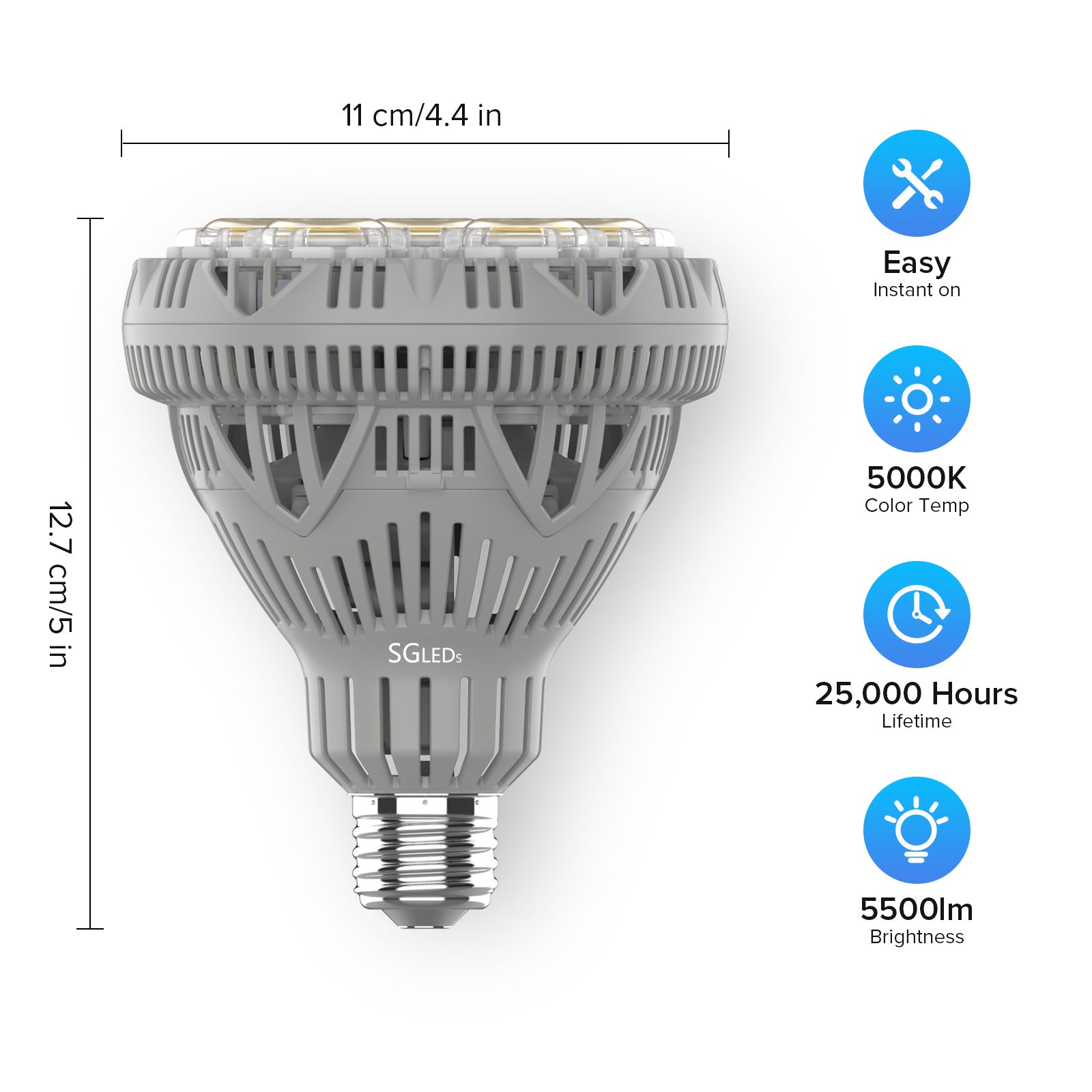 SG BR30 30W Warehouse Led Light Bulb size dimension.5000K,5500LM.