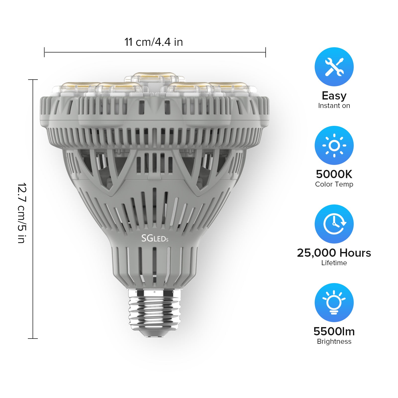 SG BR30 40W Warehouse Led Light Bulb size dimension.5000K,5500LM.