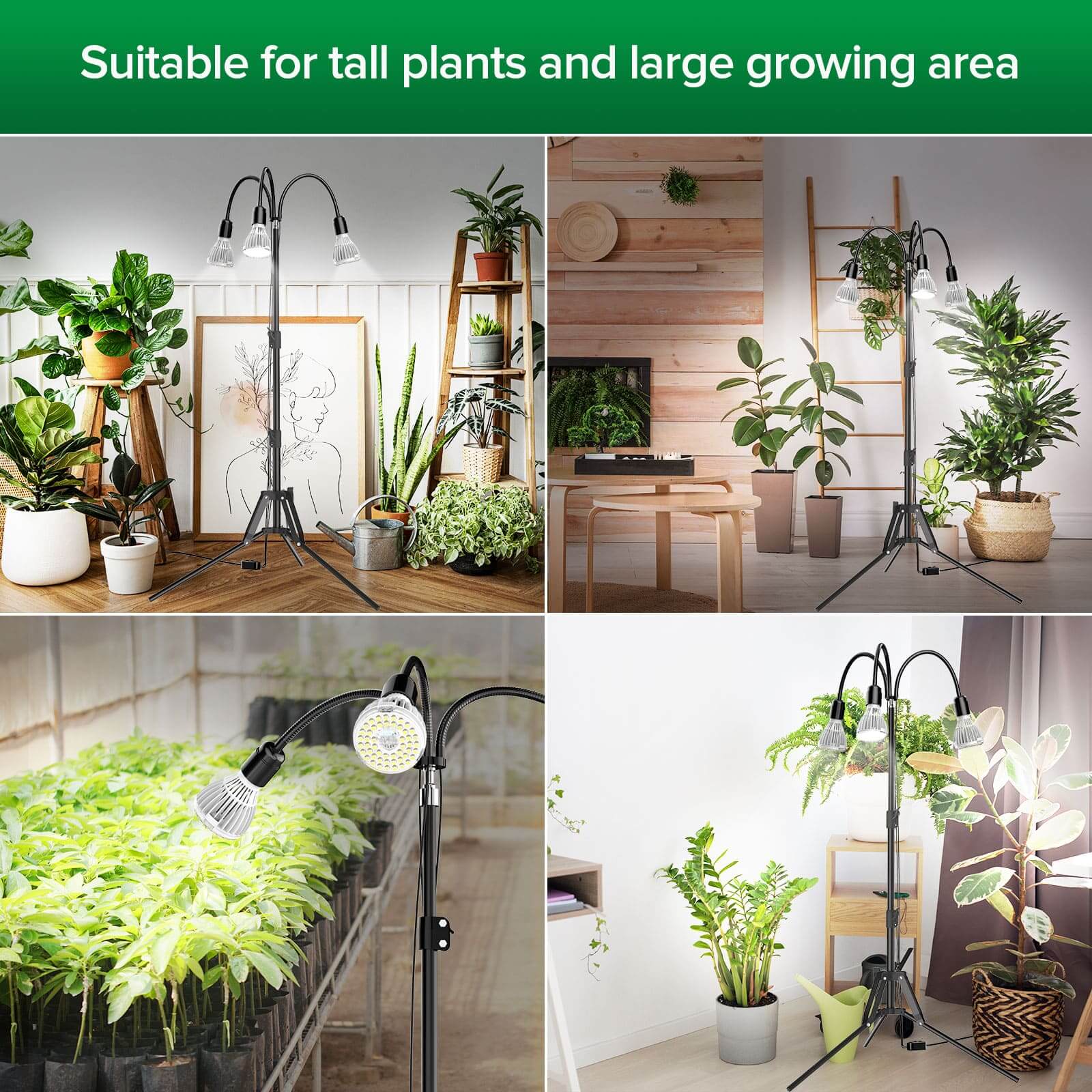 Upgraded 96W Grow Light with Adjustable Tripod Stand is suitable for tall plants and large growing area.