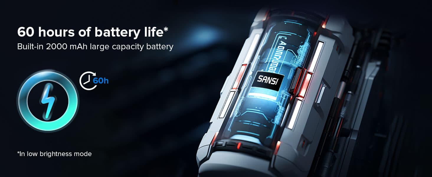 60 hours of battery life, Built-in 2000 mAh large capacity battery