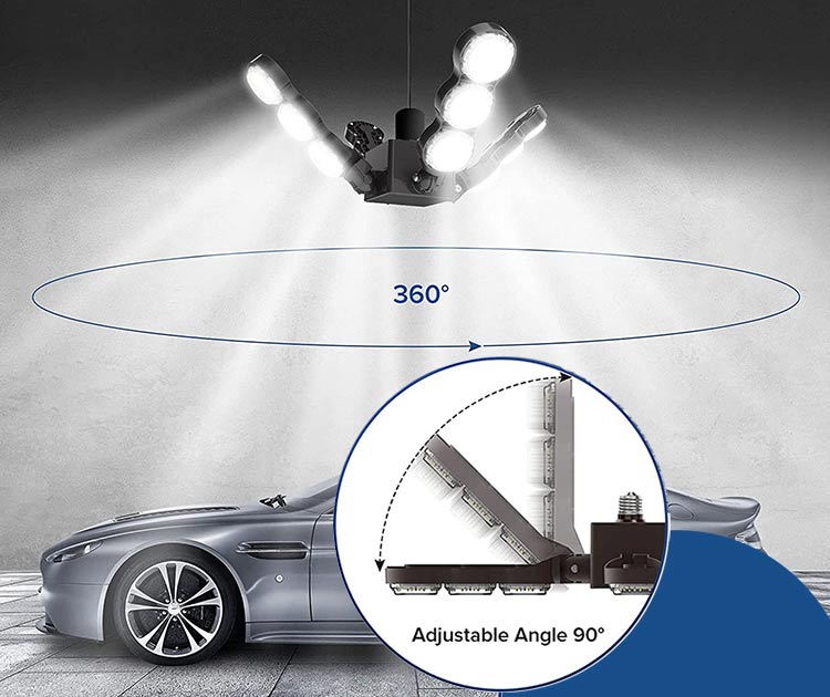 Deformable Design：This 60W LED garage light can change the irradiation angle of the light, to give you a 360° angle and light up a larger area, to make the garage or basement much brighter.