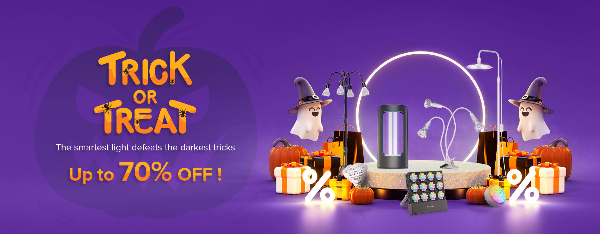 Halloween-themed promotional banner with lights and pumpkins on a purple background.