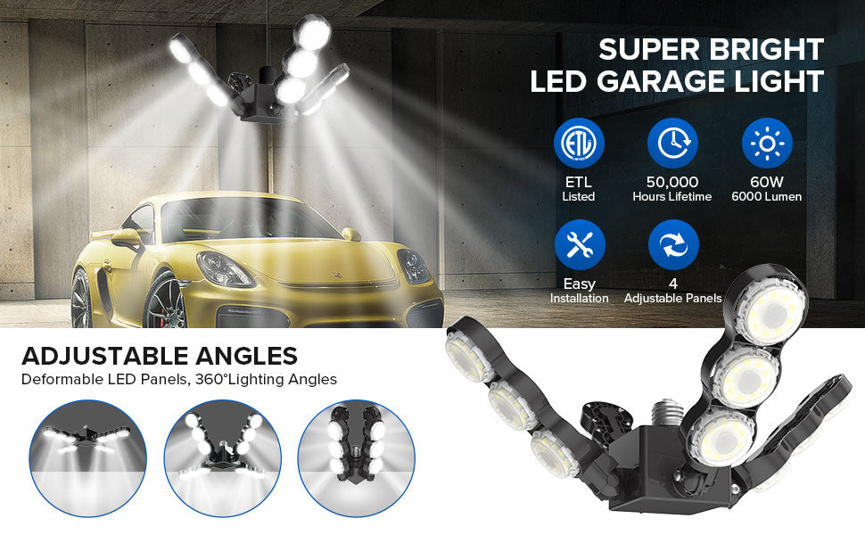 Super Bright & Better Lighting Distribution:60W daylight LED garage light has a super bright 6000 lumens output. Each LED chip has a 120° lighting beam angle ensuring the downwards light is even to the edges, unlike other brands. When installing at an 8ft height, it can illuminate an 700-800ft² area for commercial bay lighting.