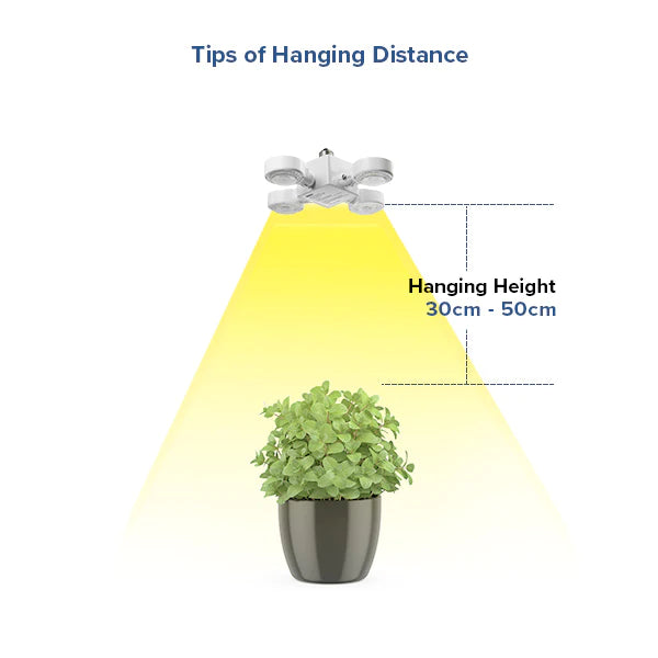 Tips of Hanging Distance:1.Indoor use only 2. Please do not use it in dimmable fixtures.3. Please do not use it in totally enclosed fixtures.4. Not compliant with European voltage. 120V Only.5.The hanging distance between the luminous surface of the light and the plant is 30-50cm.