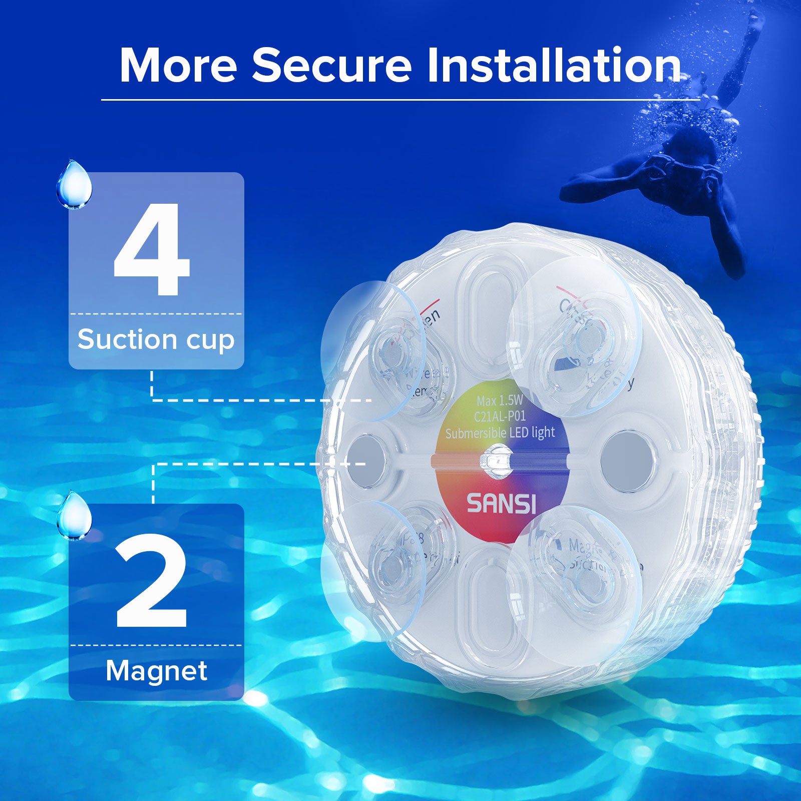 RGB LED Submersible Pool Light (US ONLY) has more secure installation，4 suction cup and 2 magnet.