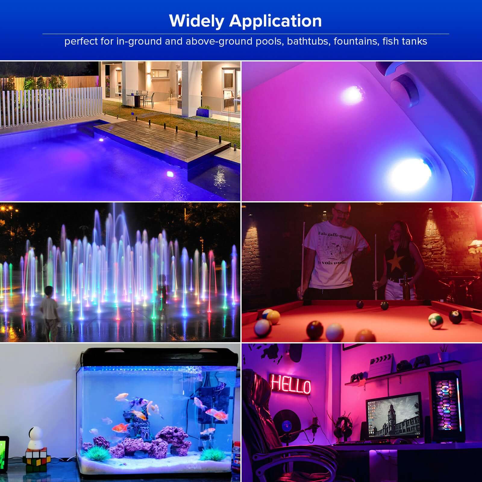 Upgraded RGB LED Submersible Pool Light has widely application,perfect for in-ground and above-ground pools, bathtubs, fountalns, flsh tanks.