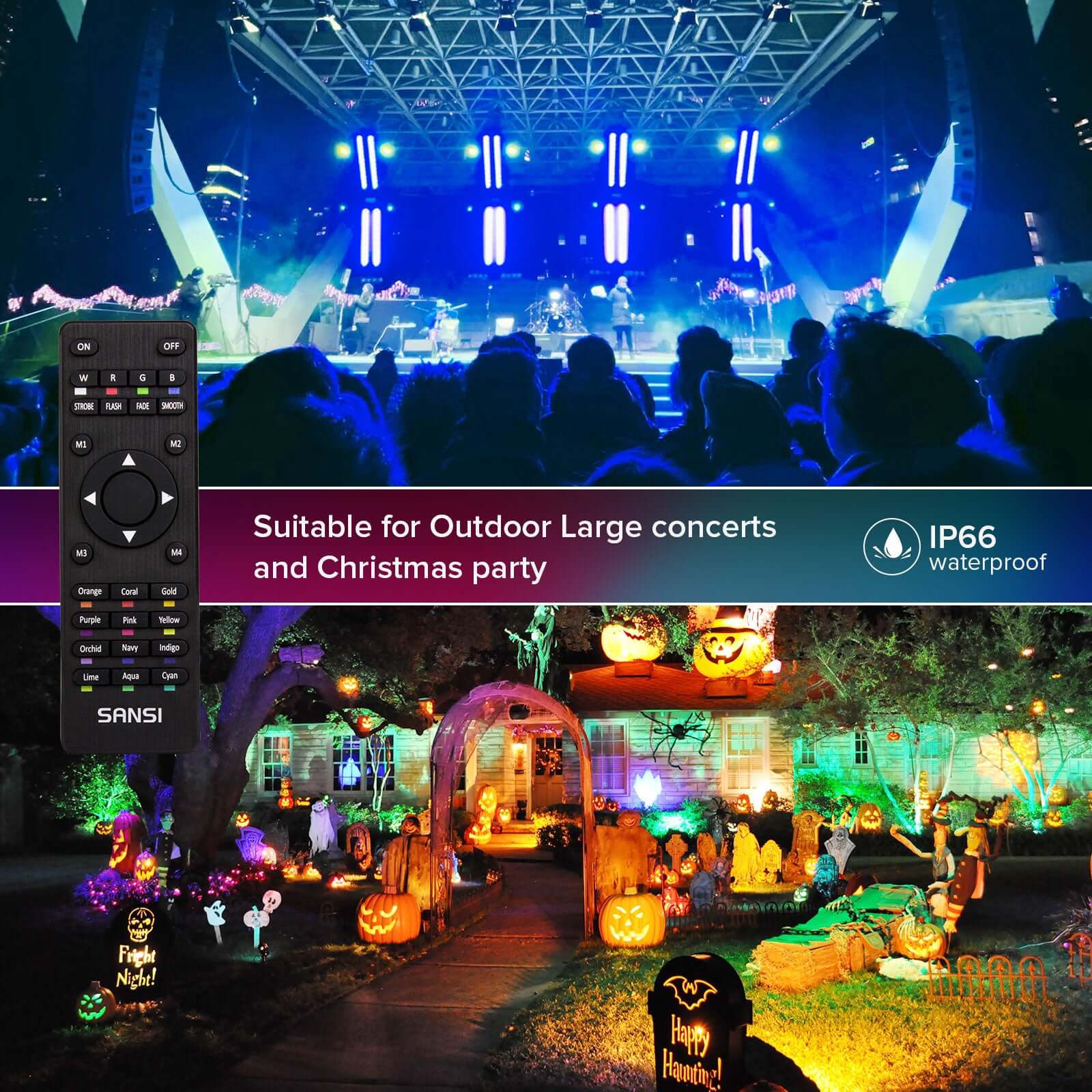 100W RGB LED Flood Light (US CA ONLY) is IP66 waterproof,which is suitable for outdoor large cencerts and Christmas parties.