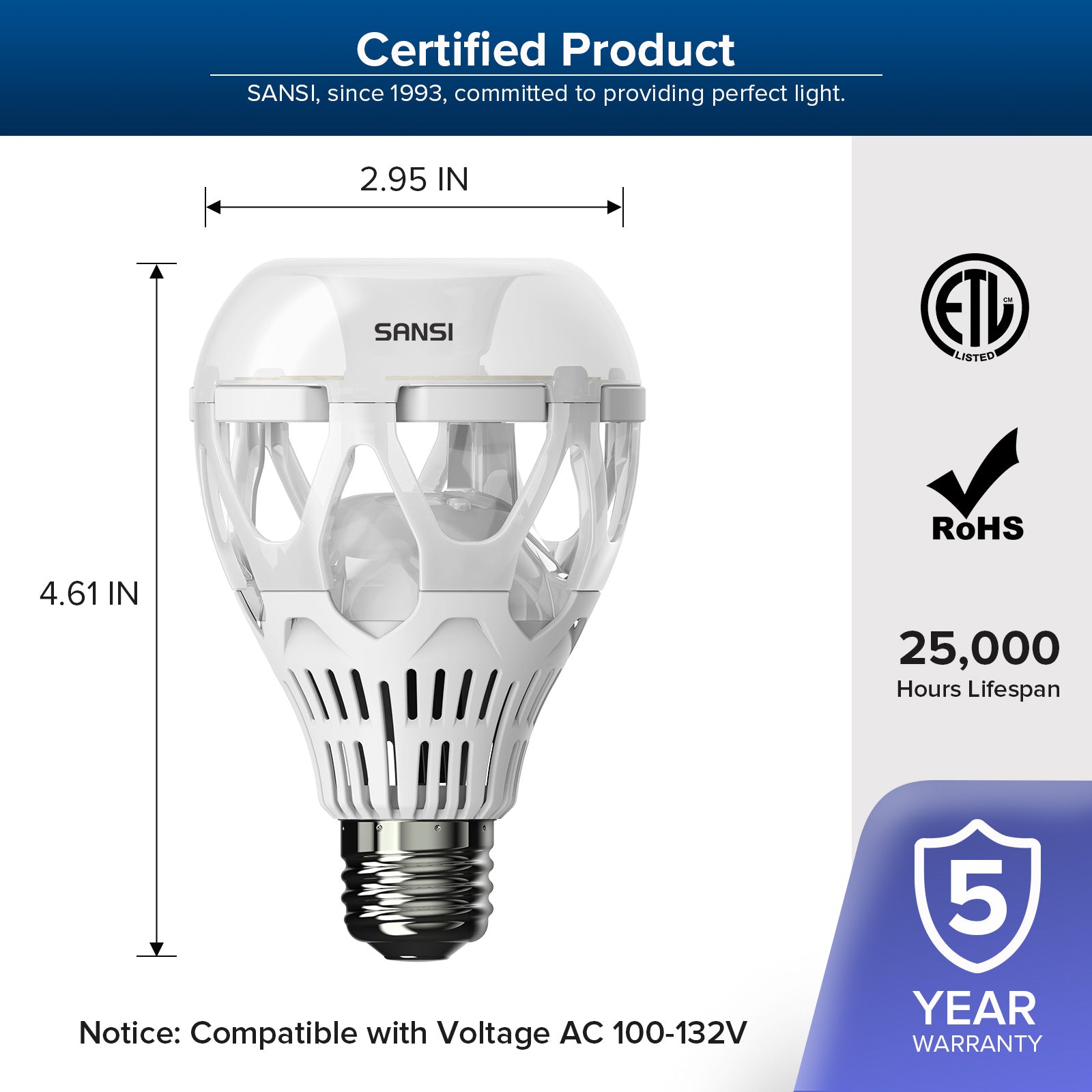 A21 18W led light bulb has ROHS certification, 25,000 hours lifespan, 5-year warranty