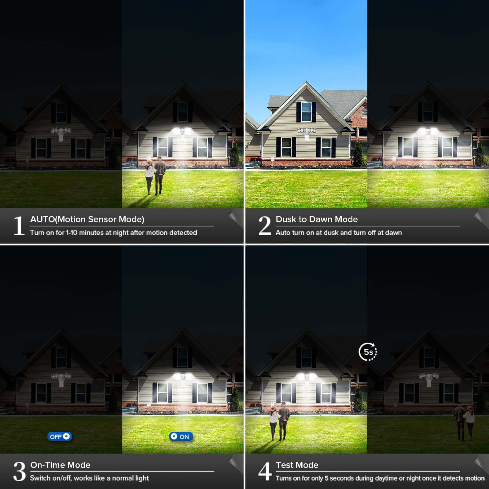 Upgraded 28W LED Security Light (Dusk to Dawn & Motion Sensor) has 4 modes, auto mode, dusk to dawn mode, on-time mode and test mode
