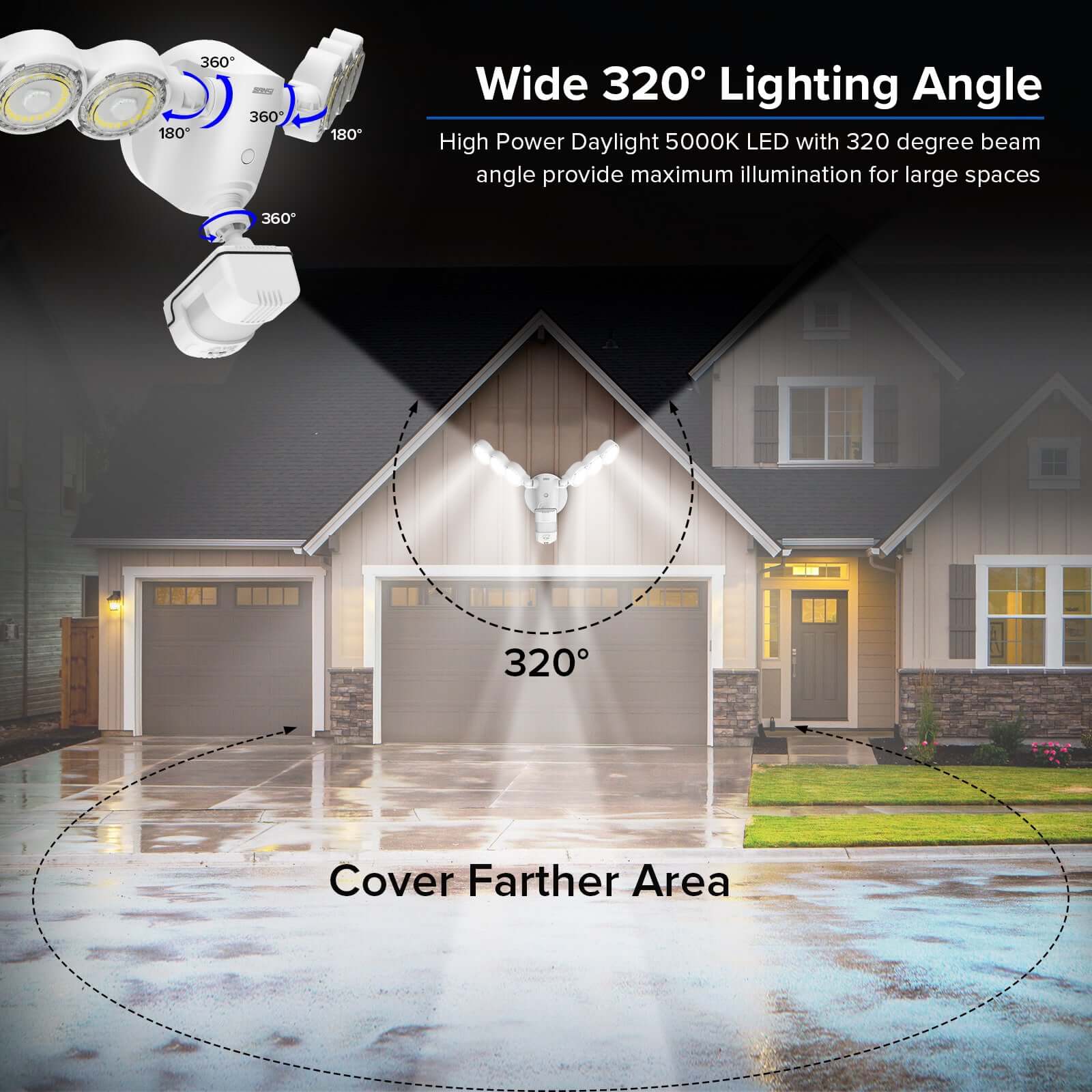 45W LED Security Light (Dusk to Dawn & Motion Sensor) with high power 5000K led with 320 degree beam angle provide maximum illumination for large spaces