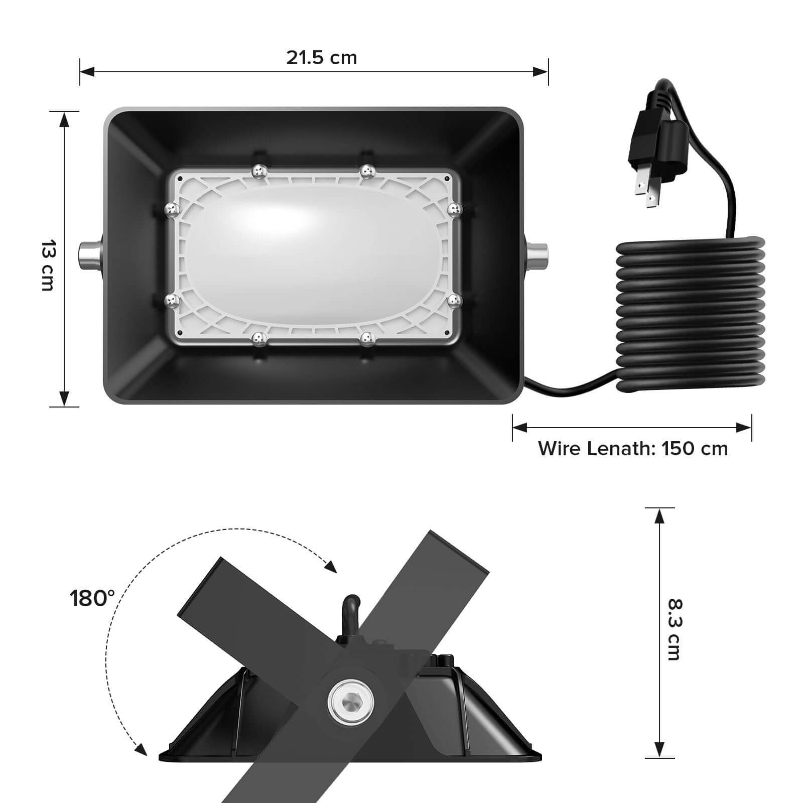 Size information and plug information for 50W Bluetooth Smart RGB LED Flood Light