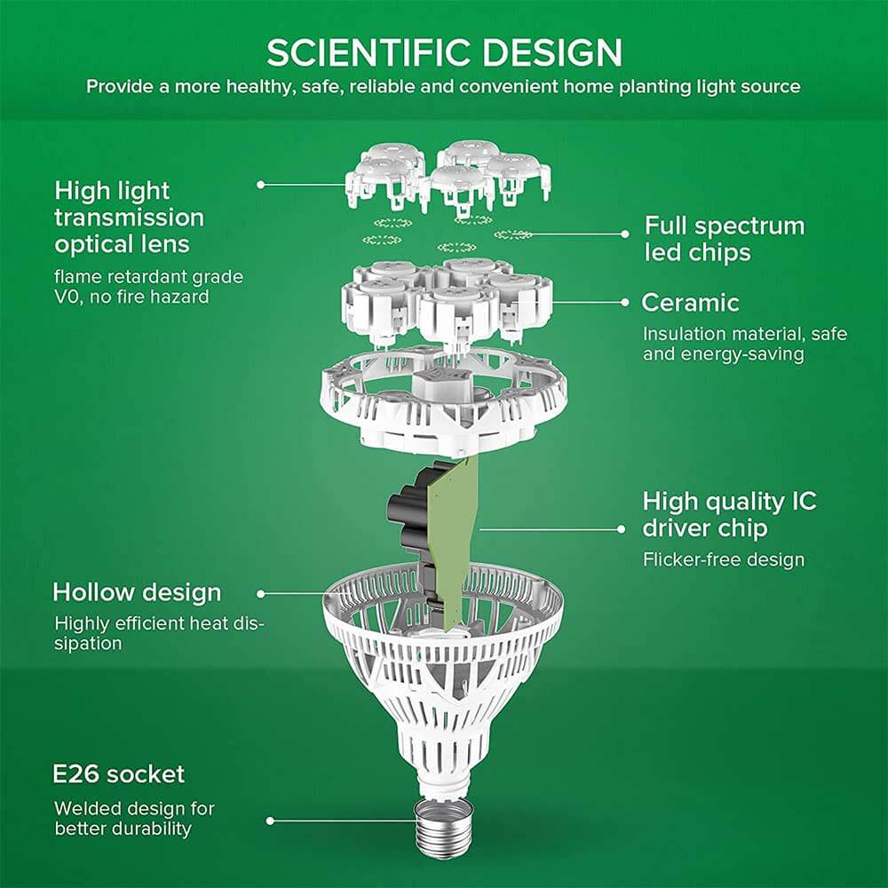 24W led grow light bulb with white light, suitable for high light and medium light indoor plants with hollow design, high quality IC driver chip, full spectrum led chips and high light transmission optical lens