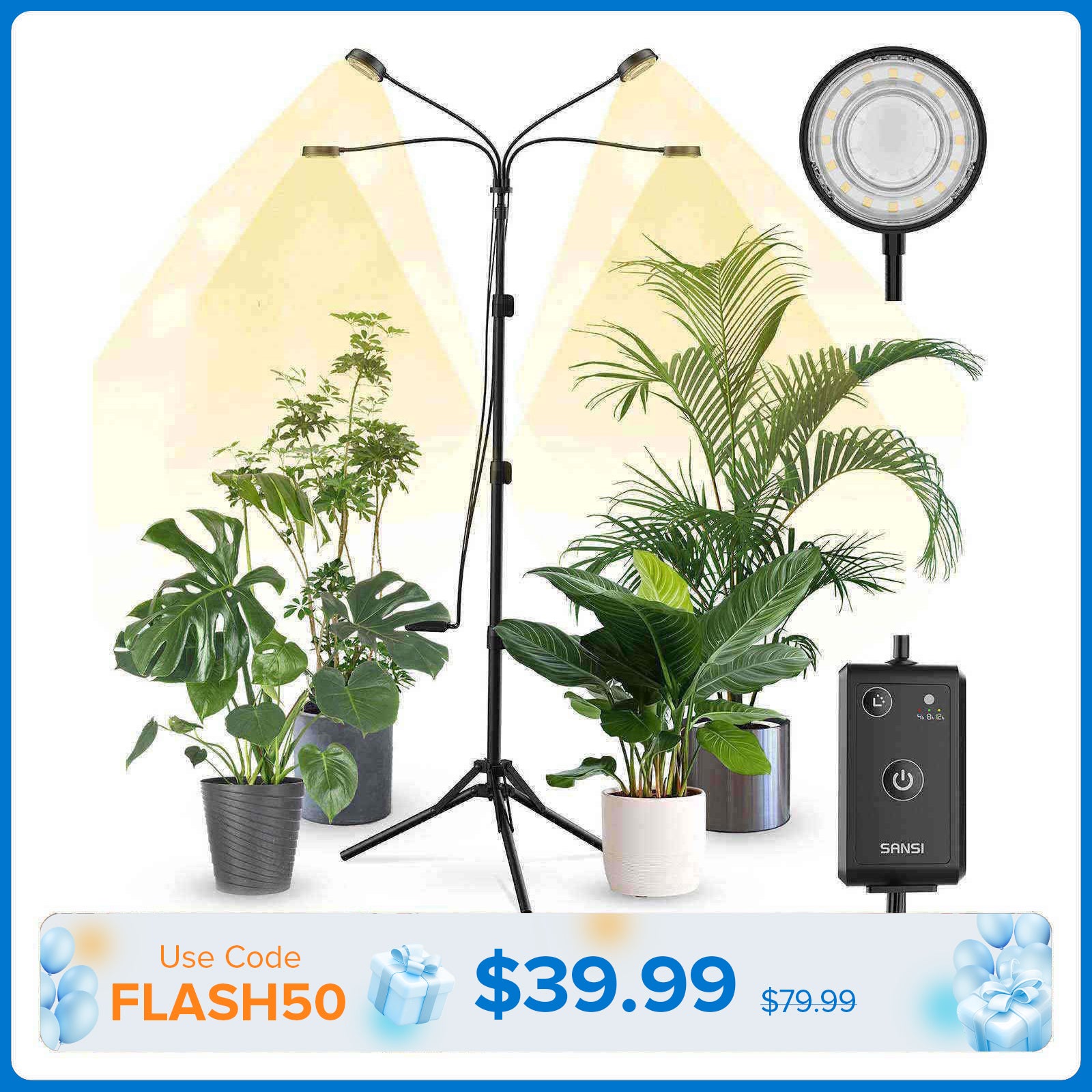 SANSI 40W 4-Kopf verstellbare Stativ-Pflanzenlampe mit Fernbedienung