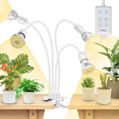 SANSI 40W Adjustable 4-Head Clip-on LED Grow Light with Timer-White