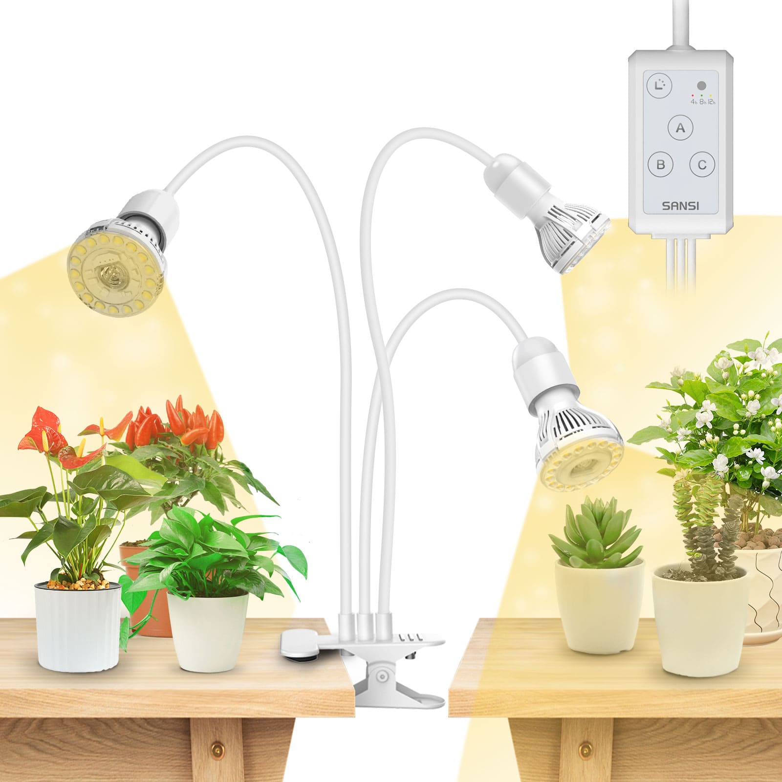 SANSI 30W Adjustable 3-Head Clip-on LED Grow Light with Timer-White