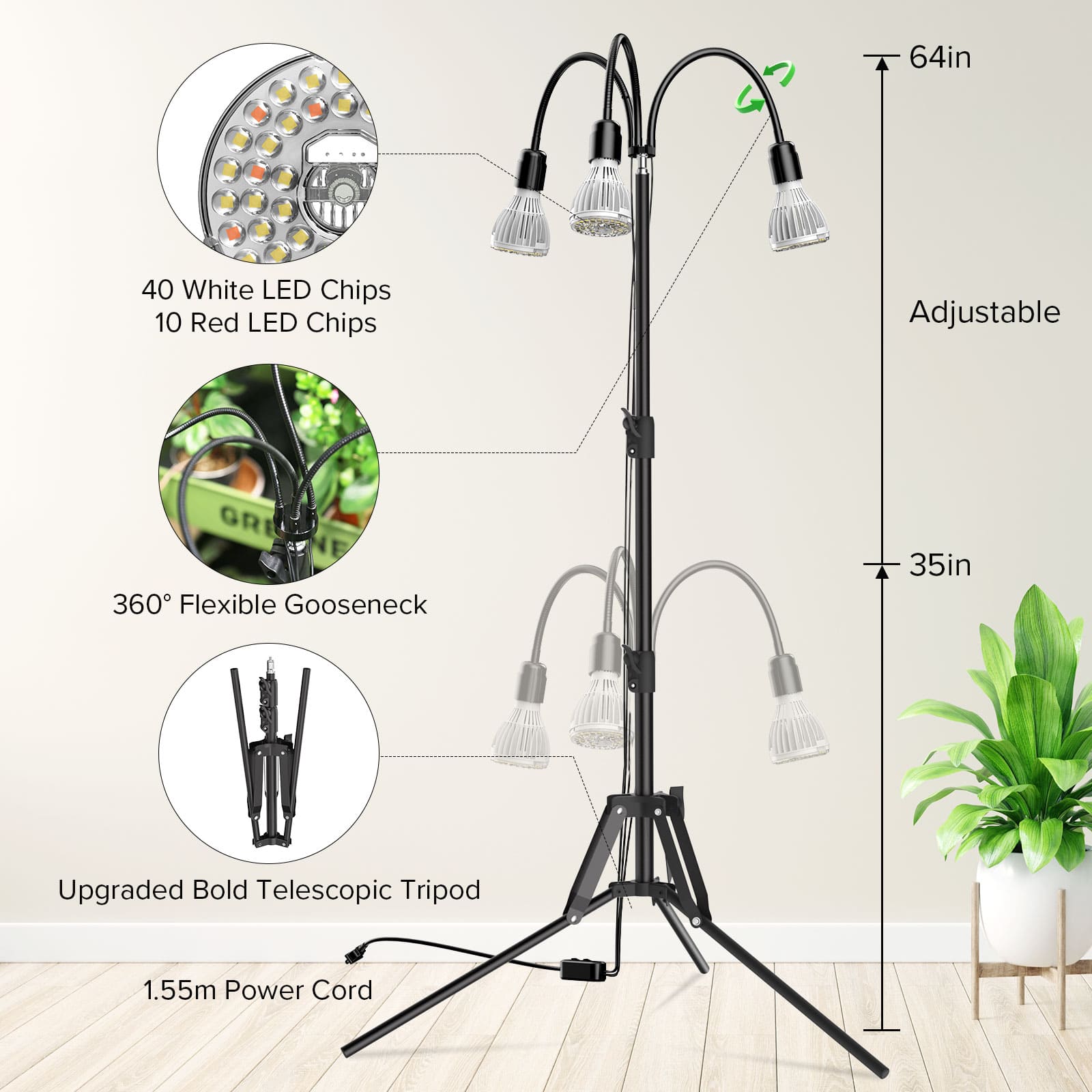 SANSI Upgraded 90W Multi-head Grow Light with Adjustable Tripod Stand (US ONLY)