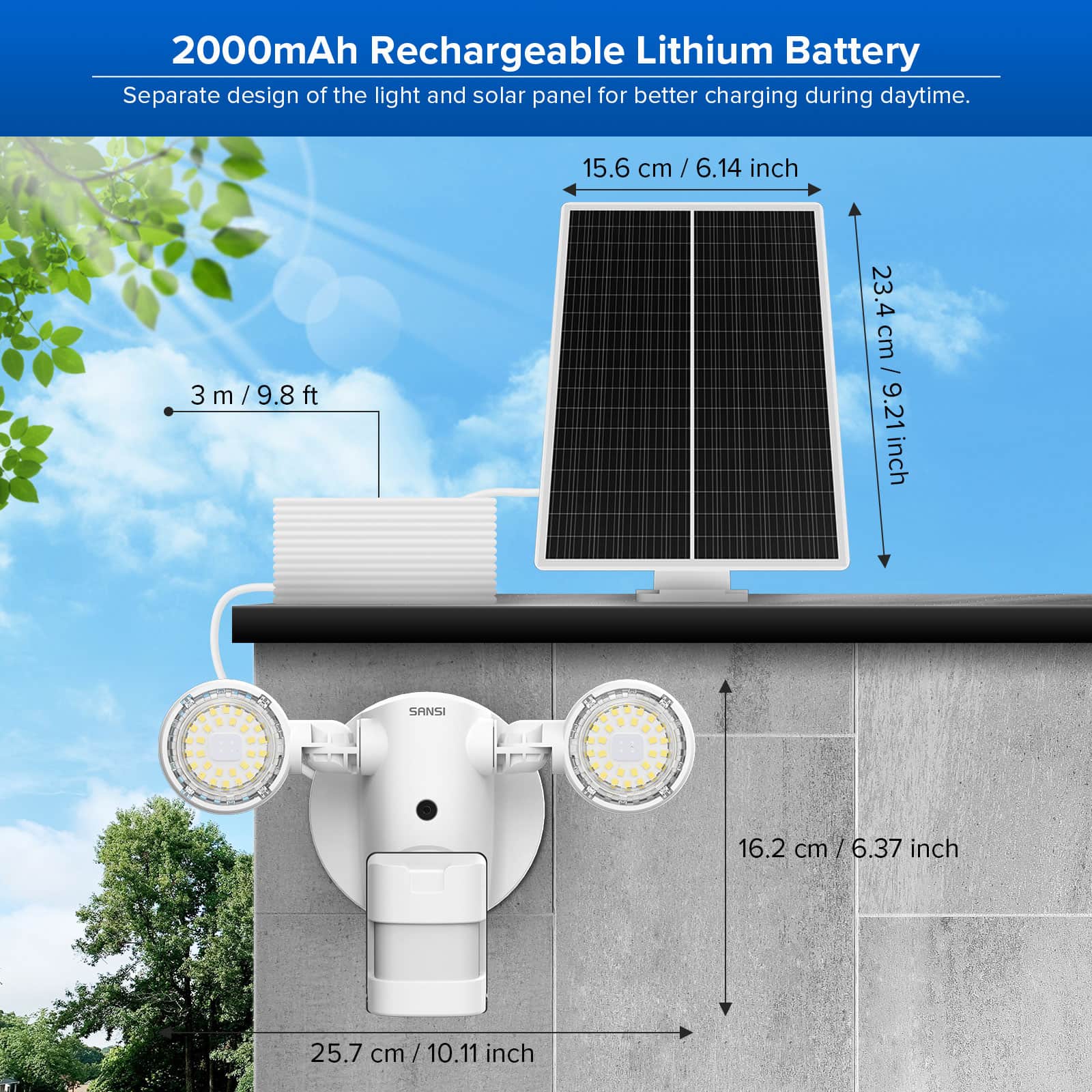 2000mAh Rechargeable Lithium Battery：Separate design of the light and solar panel for better charging during daytime.