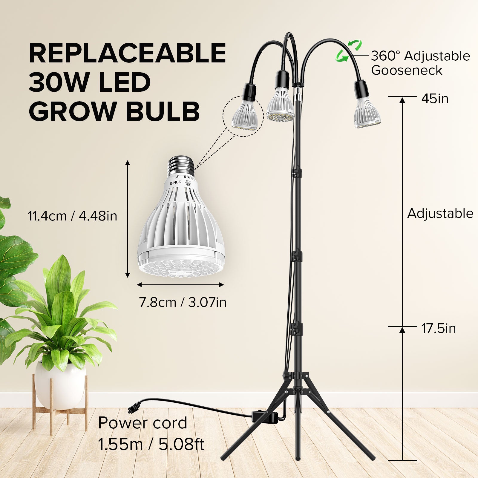 Grow Light with Adjustable Tripod Stand, replaceable 30W led grow bulb, 360° adjustable gooseneck