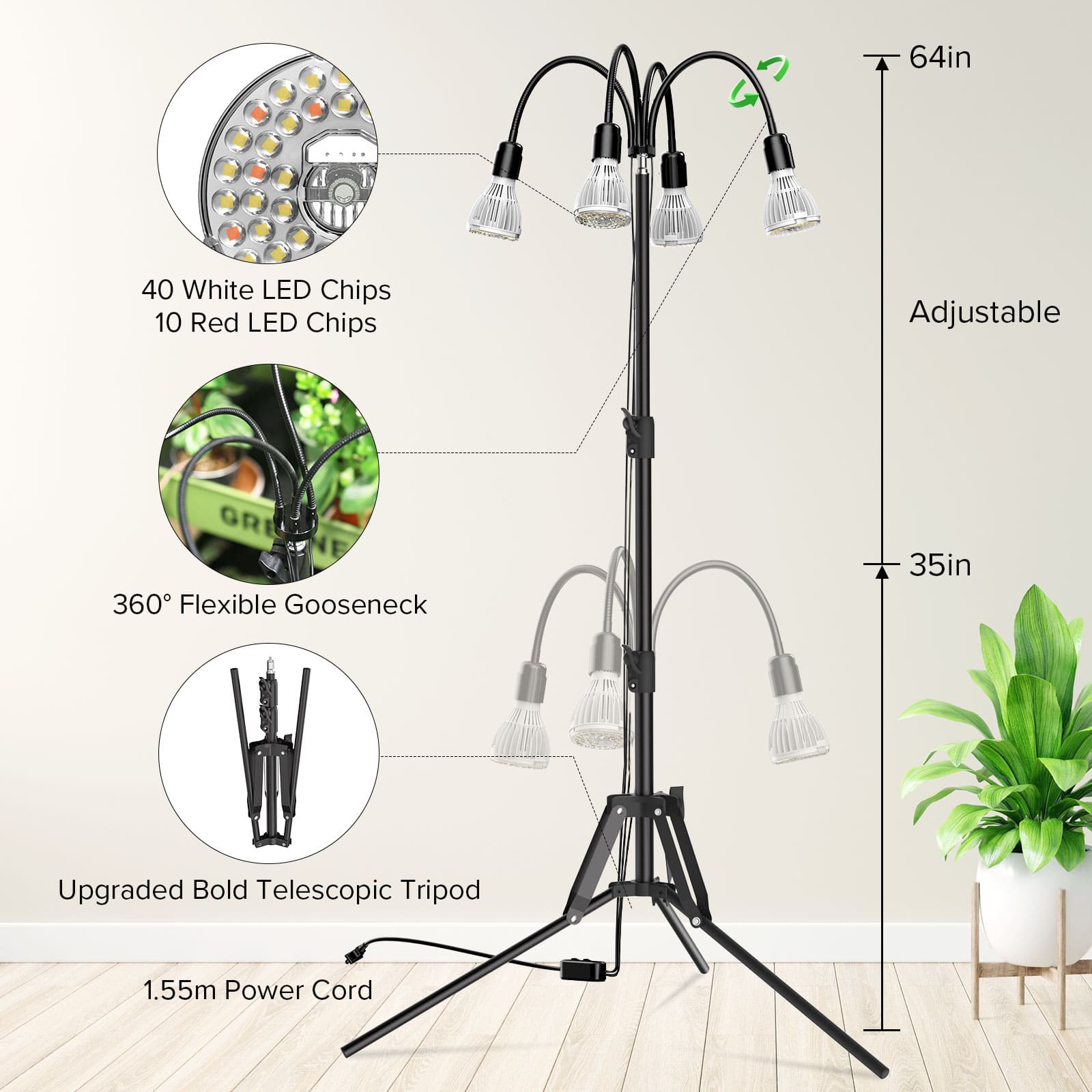 SANSI Upgraded 120W Multi-head Grow Light with Adjustable Tripod Stand (US ONLY)