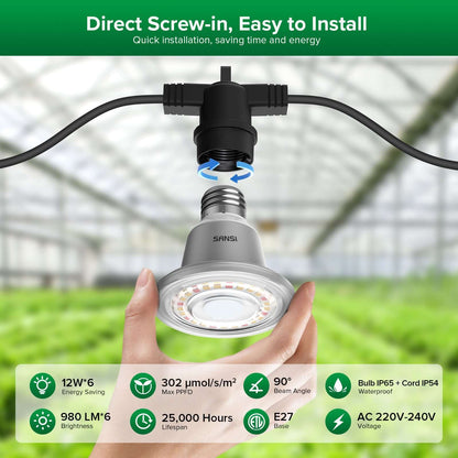 SANSI Plant Lamp LED Full Spectrum for Indoor Plants, IP54 Waterproof Plant Light Fairy Lights with 6 Pieces E27 12 W Grow Lamp Bulbs for Greenhouse, Seedling, Flowers, Vegetables (6.7 Metres)
