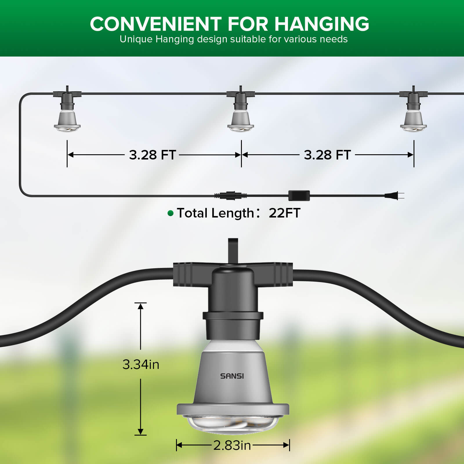 Hanging Grow Light String, total length: 22FT.The distance between bulbs is 3.28FT