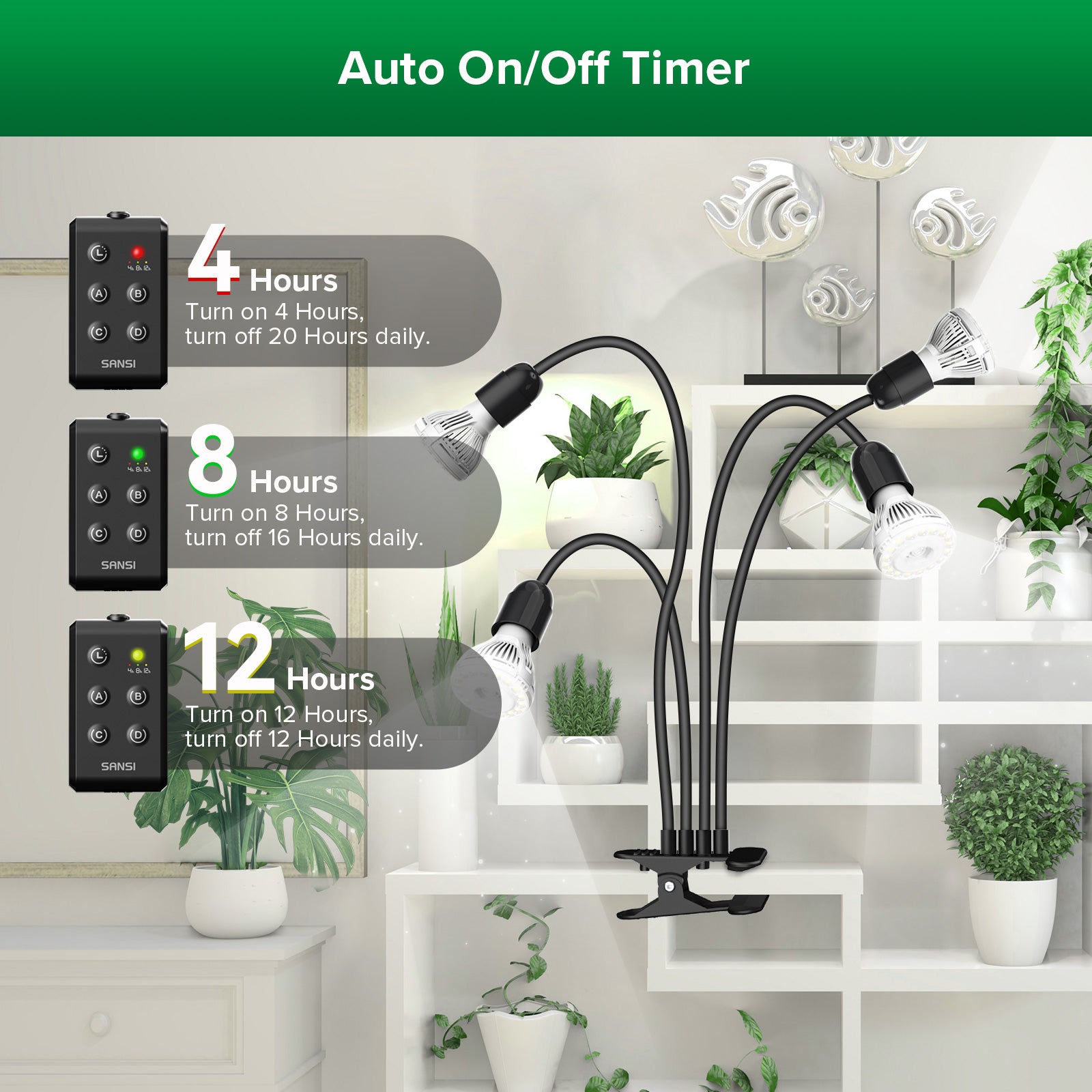 Auto On/Off Timer，4 hours,8 hours and 12 hours.