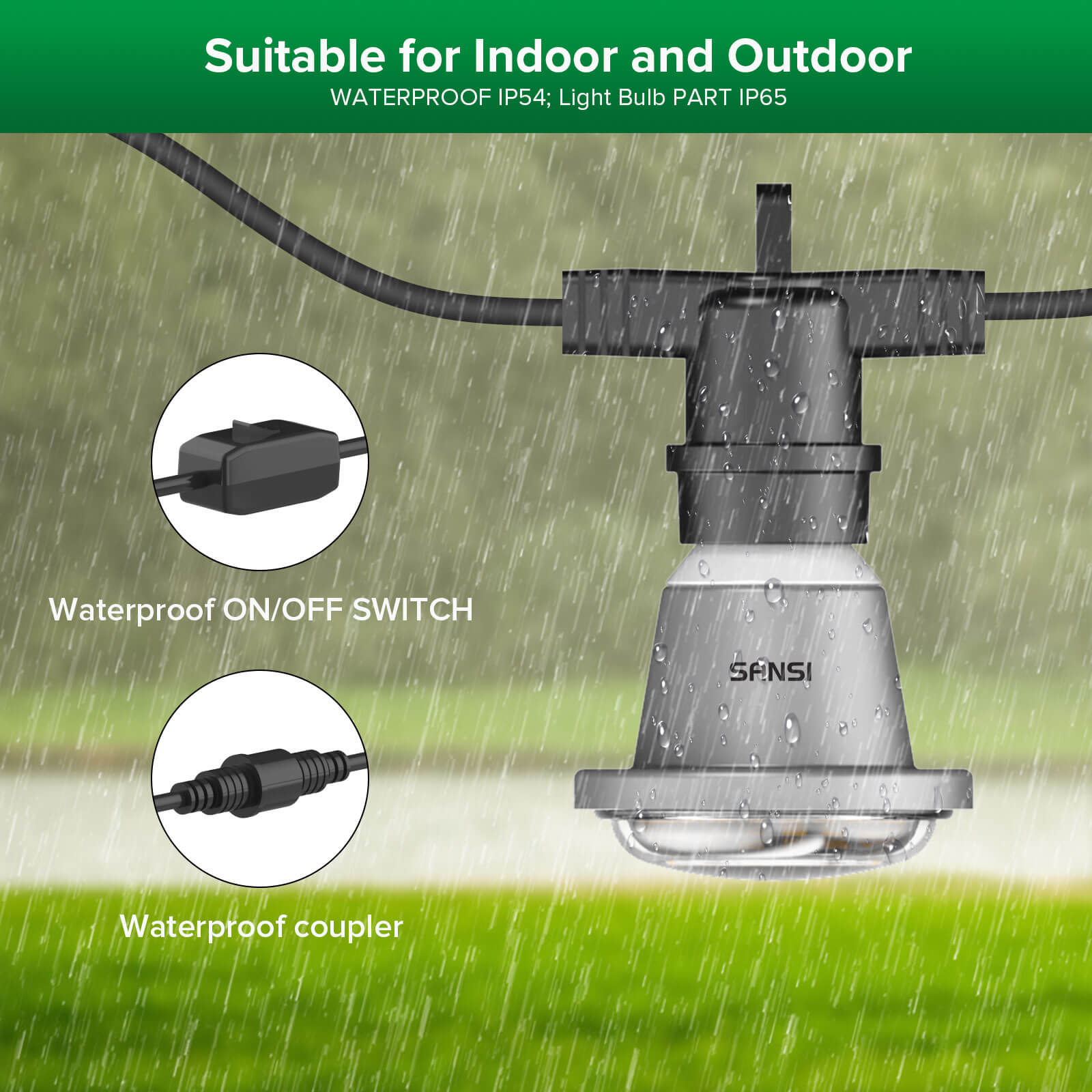 Hanging Grow Light String is suitable for indoor and outdoor，WATERPROOF IP54; Light Bulb PART IP65.