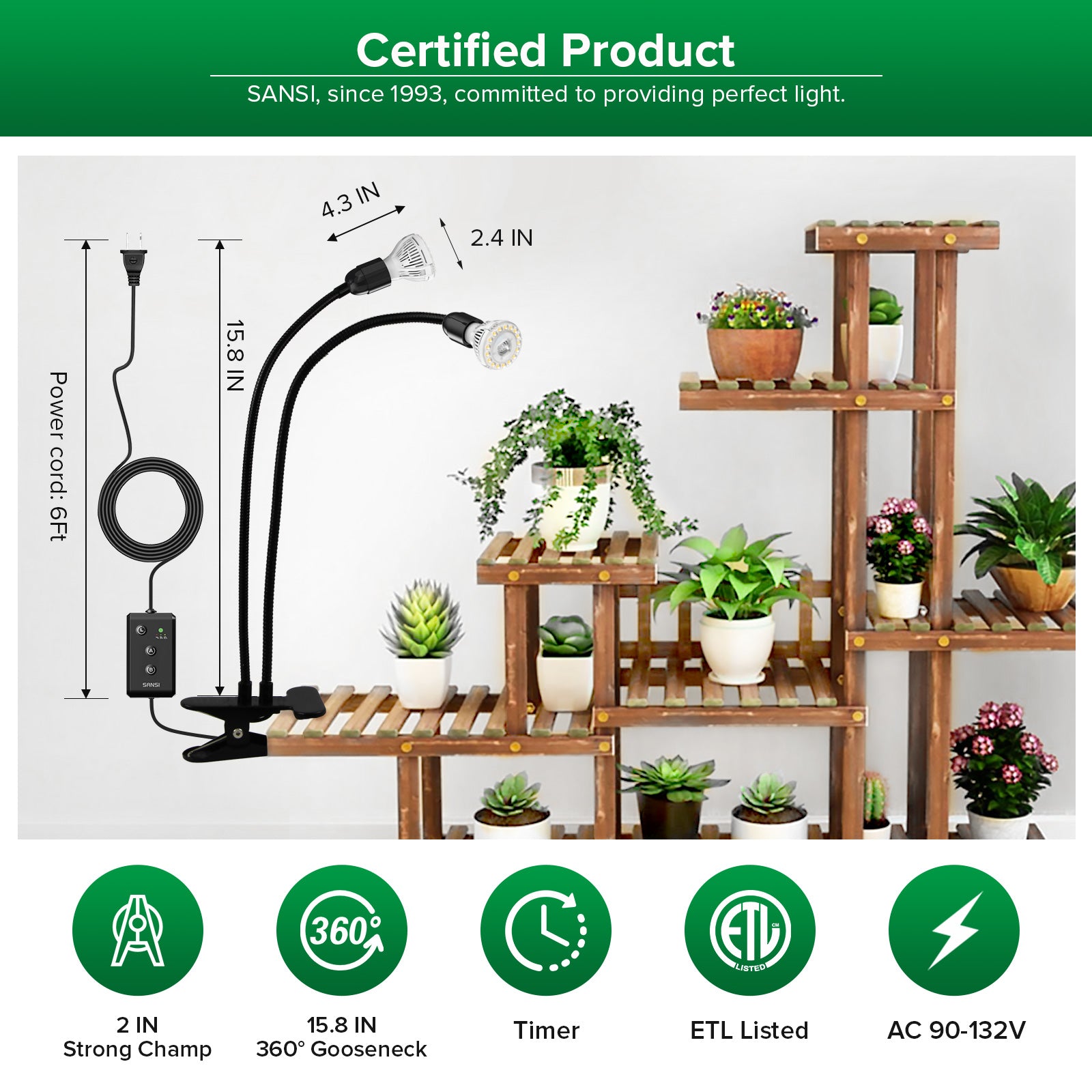 20W Adjustable 2-Head Clip-on LED Grow Light With Timer/No Timer