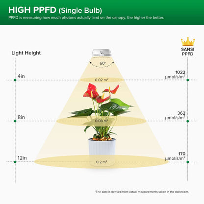SANSI 10w Full Spectrum 2-Head Grow Light(US ONLY) has high PPFD，PPFD:170μmol/s/㎡@1ft.