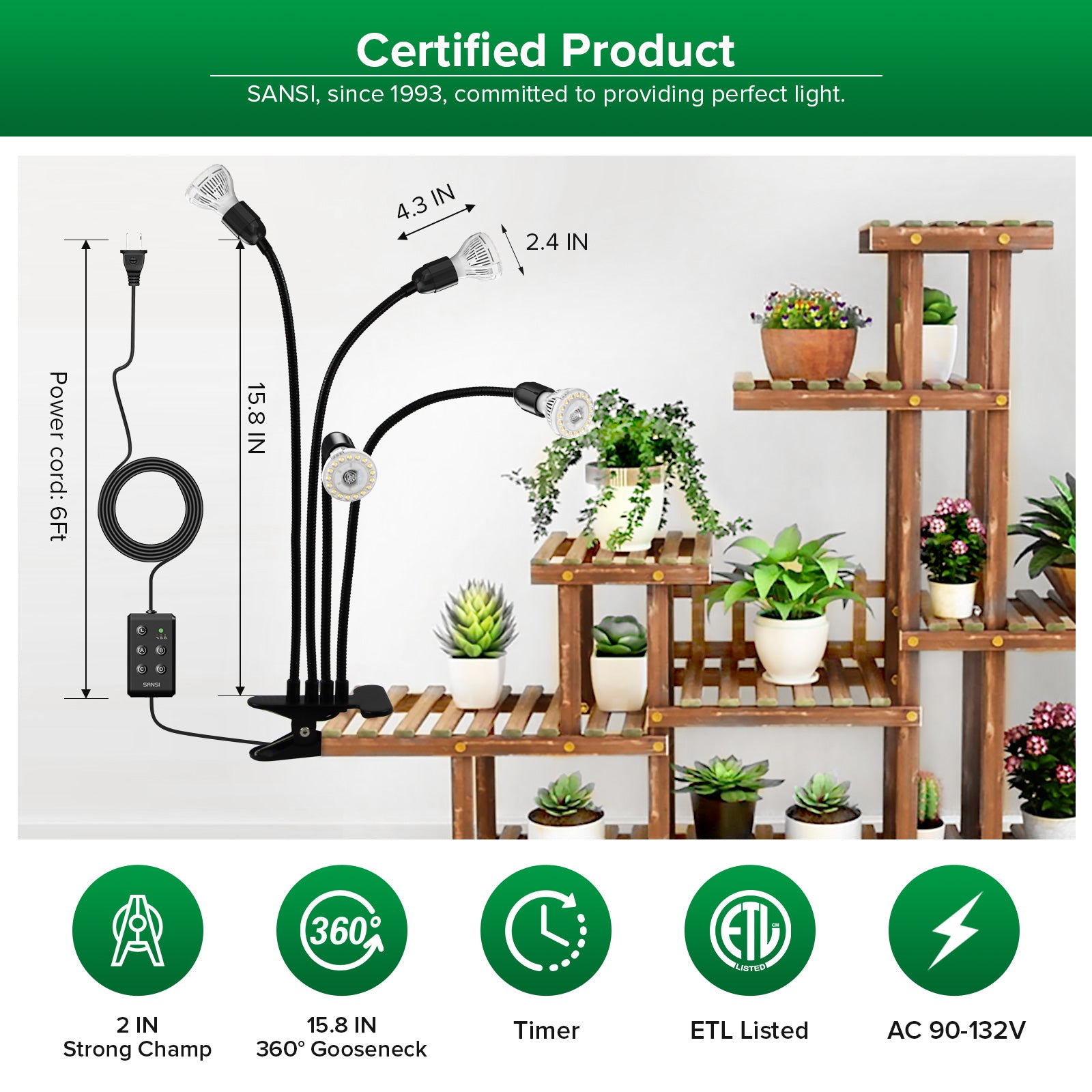 The dimensions of this 40W Adjustable 1-Head Clip-on LED Grow Light with Timer，power cord：6ft.