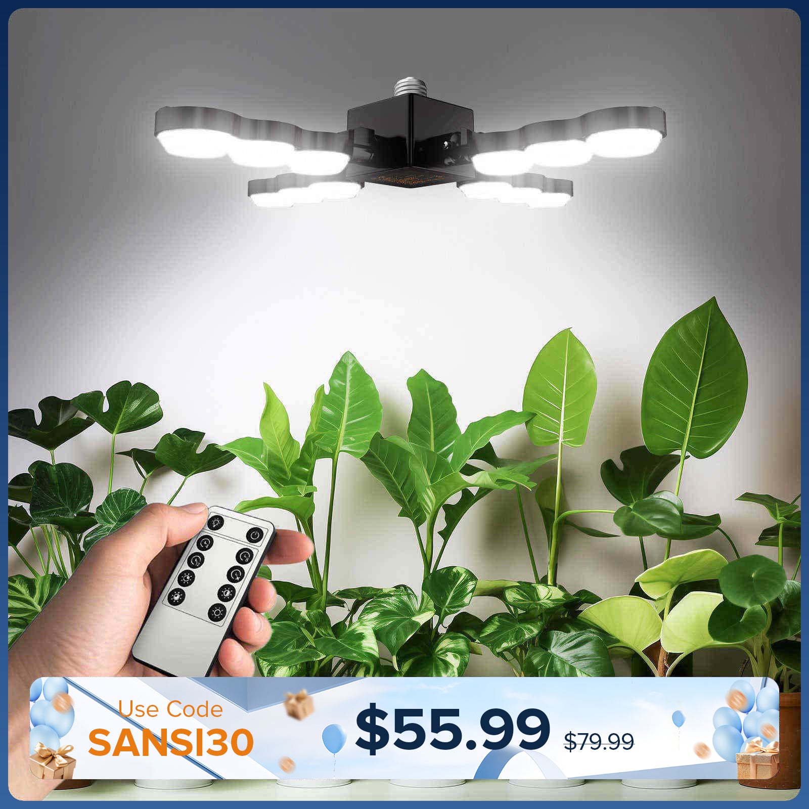 Lampada LED per coltivazione SANSI da 80 W con ali pieghevoli e telecomando