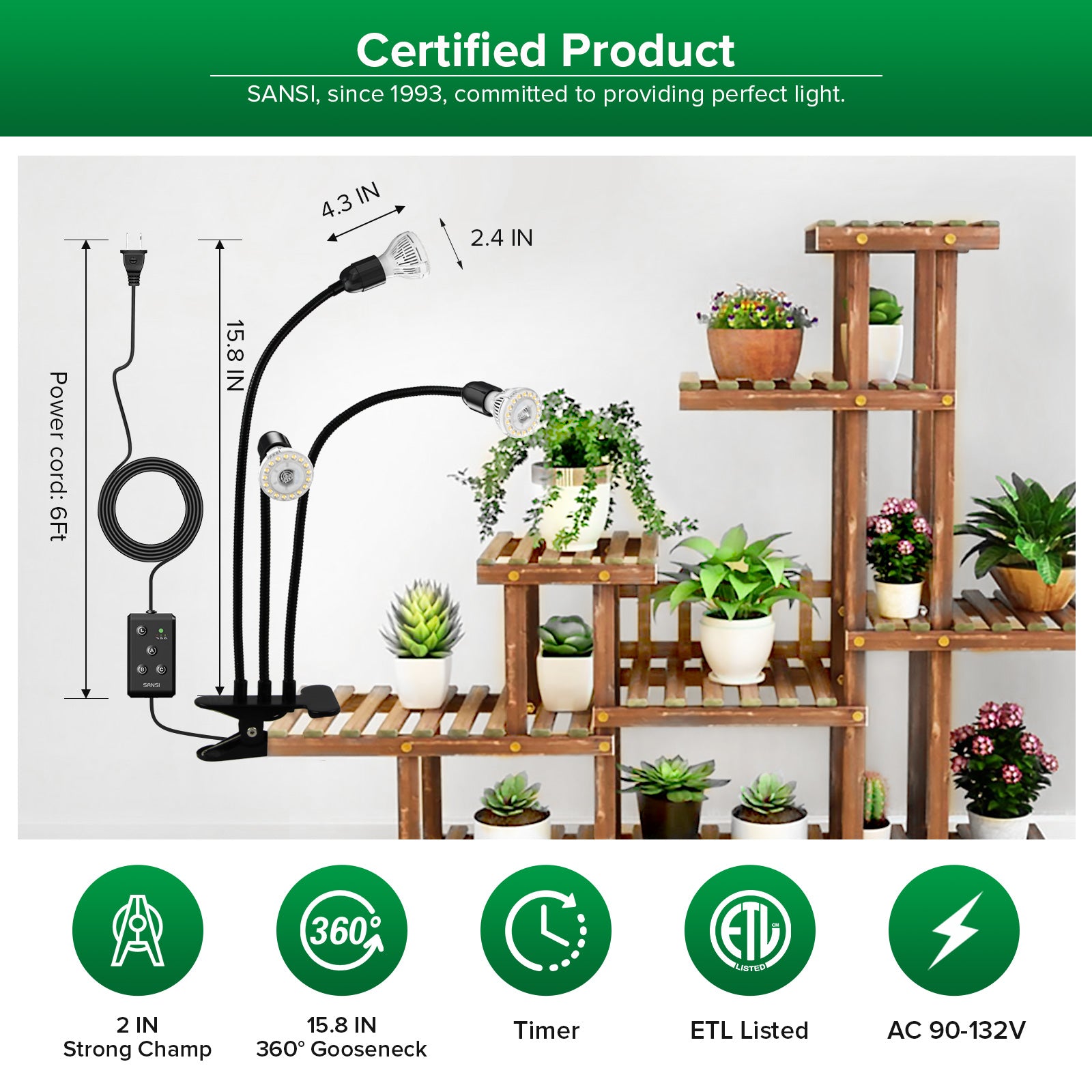 30W Adjustable 3-Head Clip-on LED Grow Light with Timer (US ONLY) has 2 inch strong champ，15.8 inch 360° gooseneck.ETL listed.